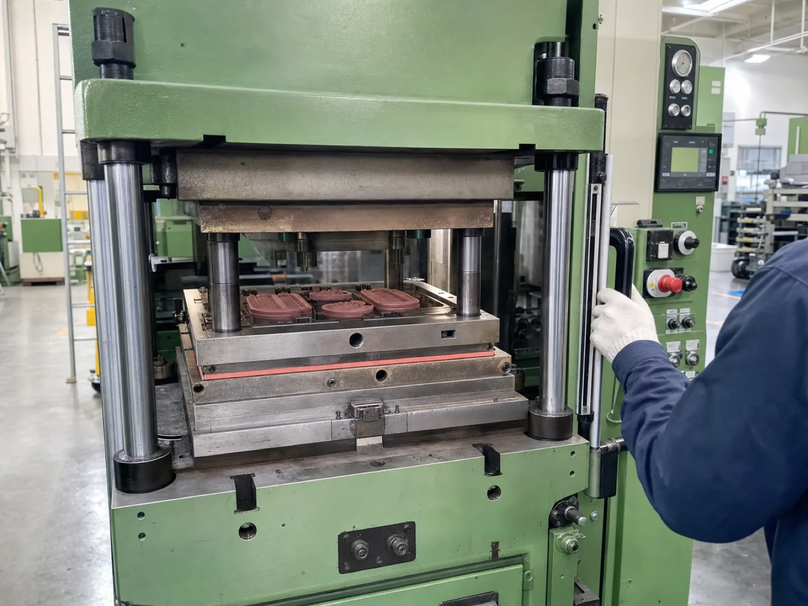 Wetop Silicone compression molding press mid-cycle running a Tier 2 retail chain silicone kitchenware accessory program — the dedicated press time that anchors the per-unit press cost line item