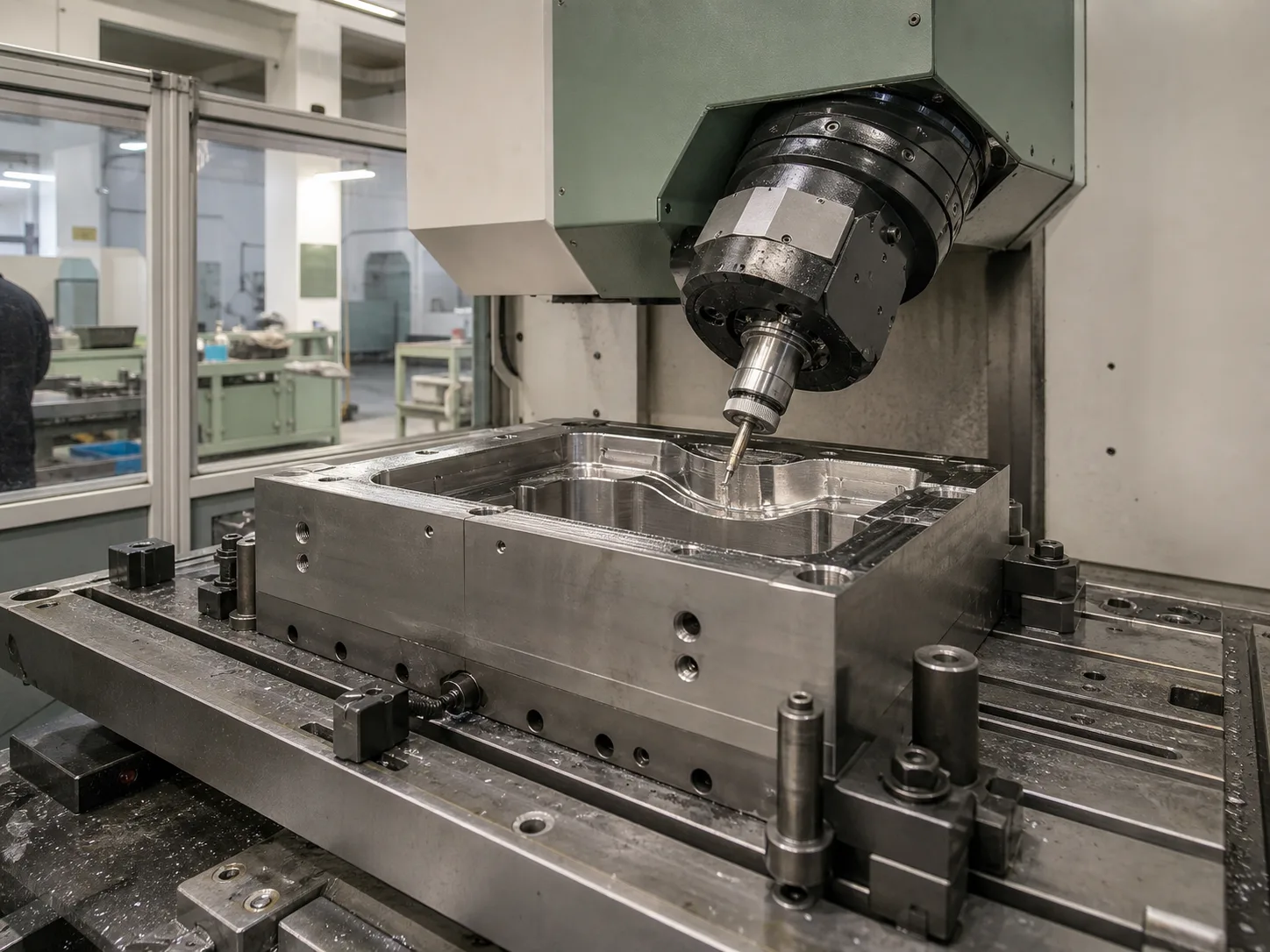 Wetop Silicone in-house mold workshop with a 5-axis CNC cutting a P20 hardened steel cavity for a silicone kitchenware accessory program — the tooling investment that drives the volume-tier pricing curve