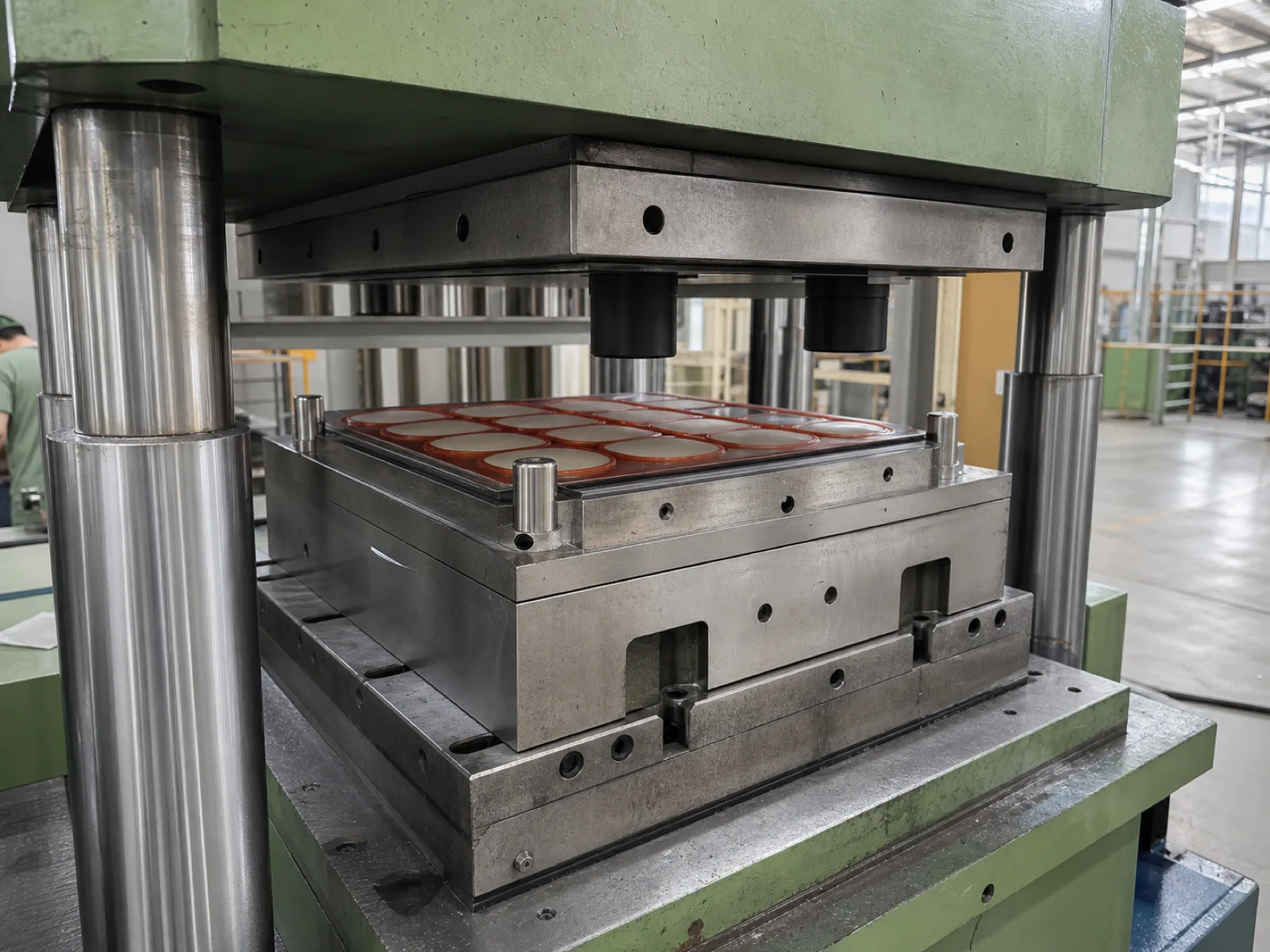 Wetop Silicone compression molding press mid-cycle — a hardened P20 steel mold clamped in a hydraulic press producing a batch of silicone baking mats