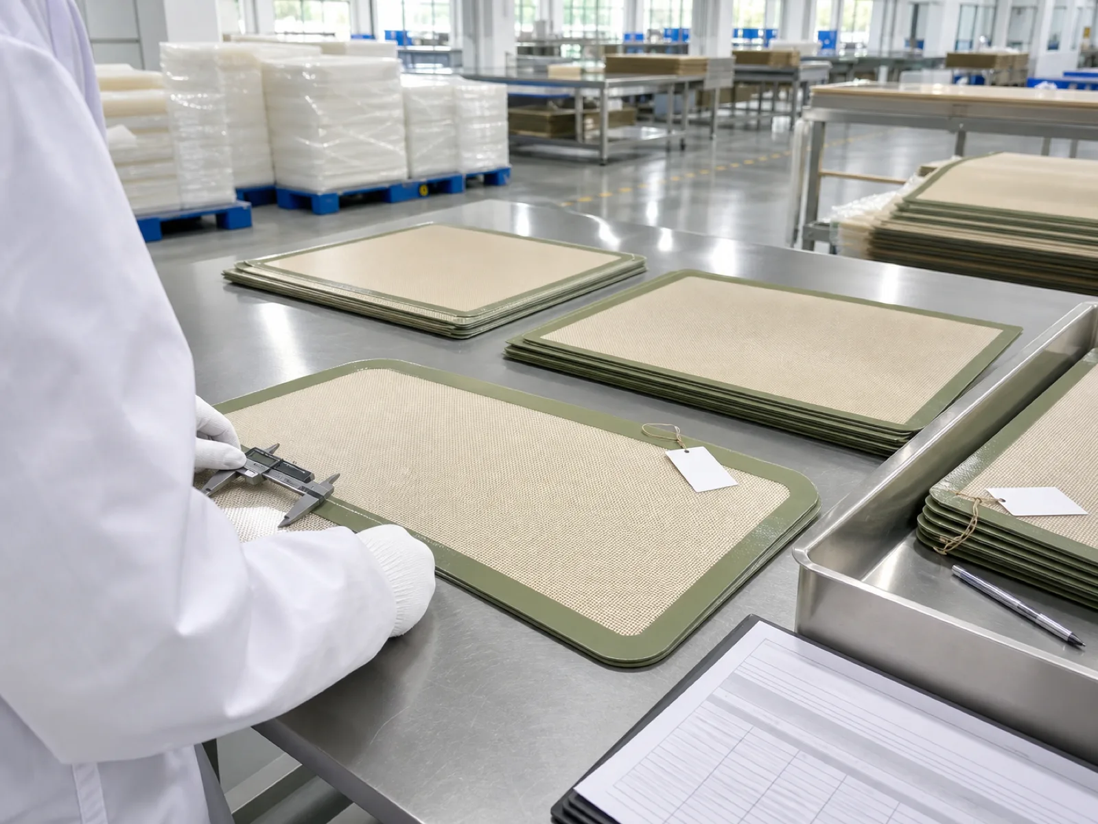 Wetop Silicone QC workshop — final inspection station where every silicone oven mat batch is sample-inspected to AQL 2.5 against ISO 2859-1 before packaging
