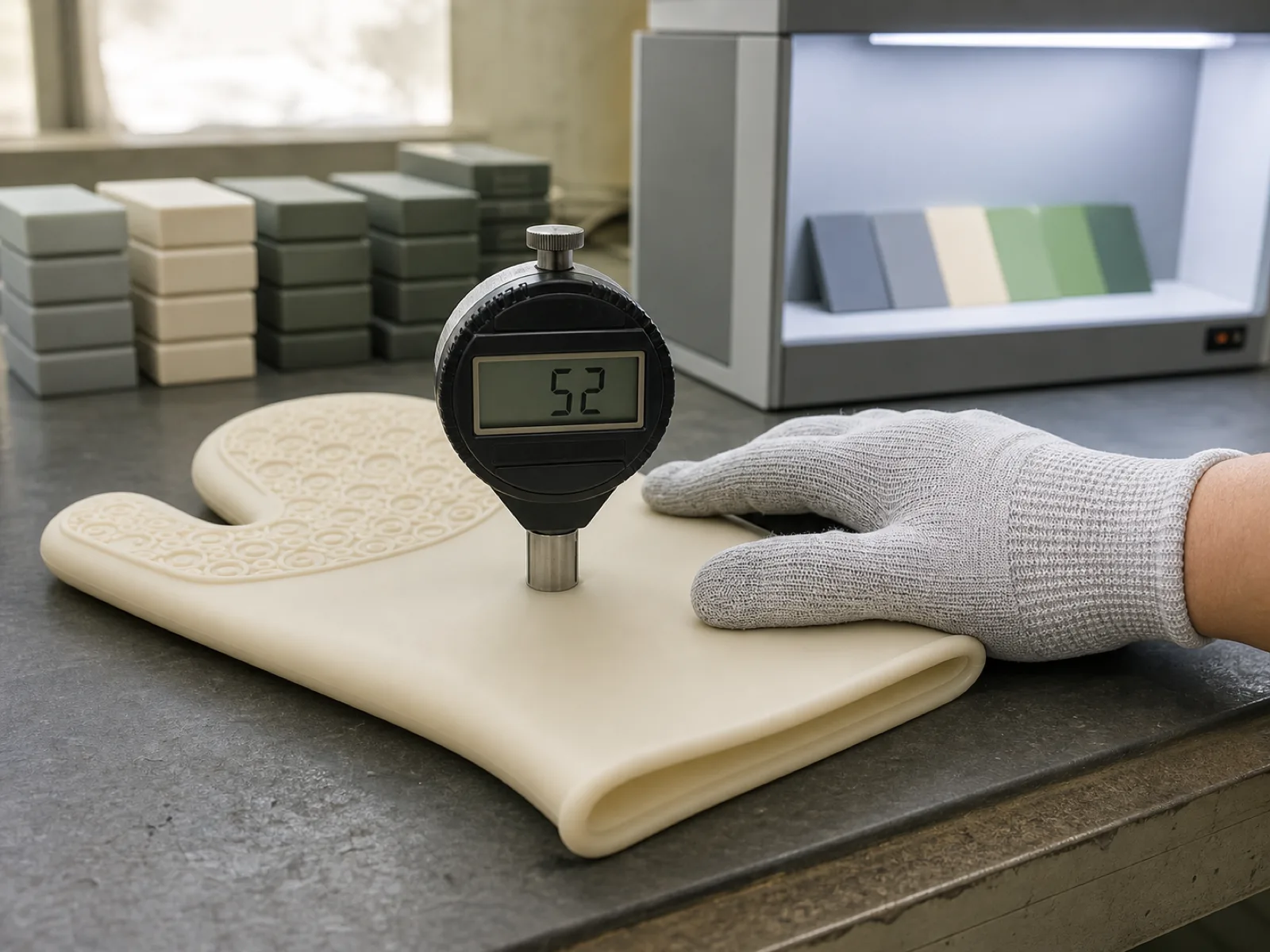 Silicone oven mitt QC inspection bench at Wetop — a Shore A digital durometer reading 52 on a freshly demolded oven mitt shell in cream colorway, engineer's gloved hand steadying the sample, calibration blocks and a D65 light box color-check station visible in the background.