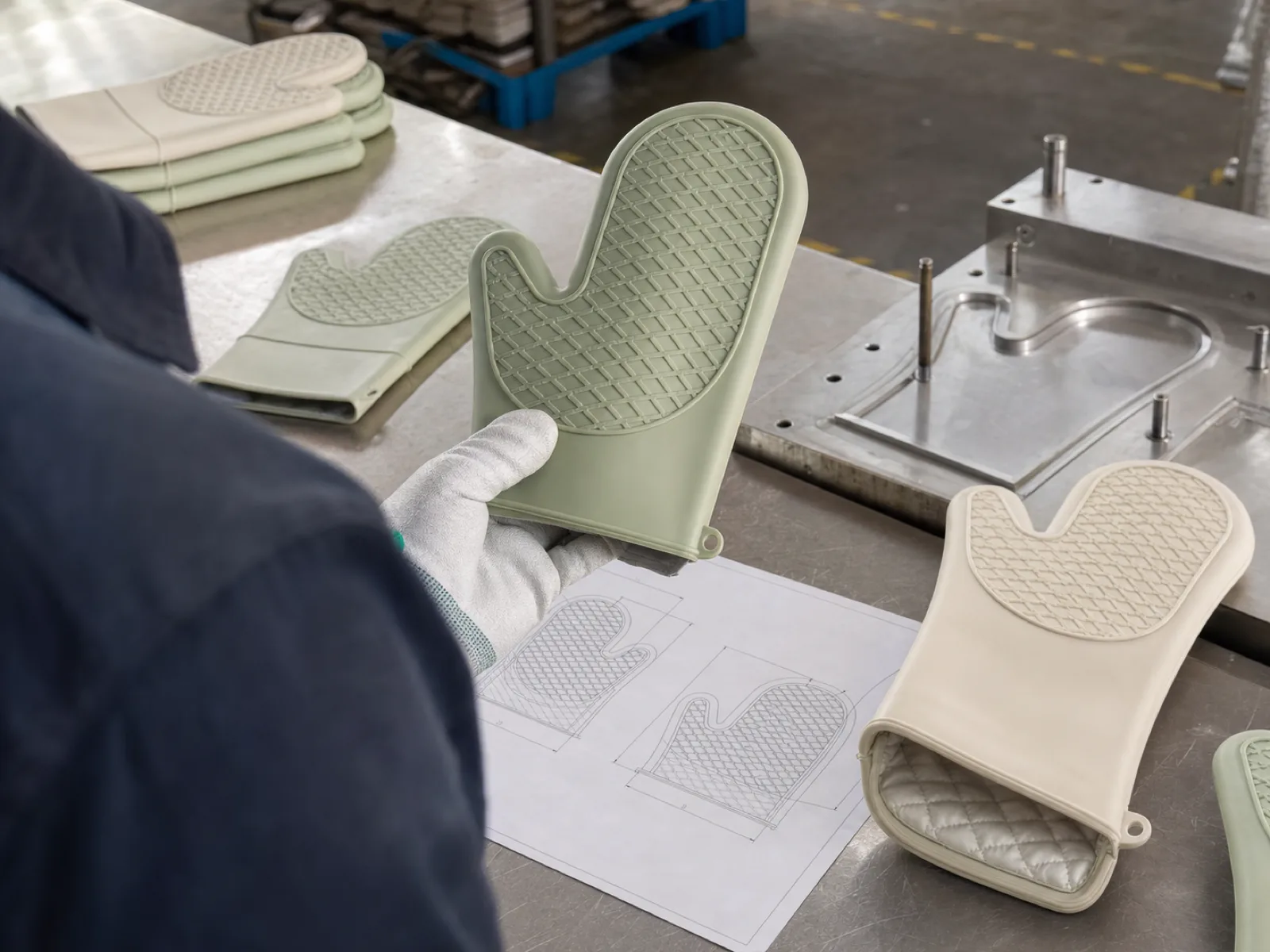 Silicone oven mitts OEM production on a QC bench in a Dongguan silicone factory — cream and sage colorway mitts with criss-cross non-slip grip texture, quilted cotton liner exposed at the cuff, engineer's gloved hand checking a freshly demolded silicone shell against a spec drawing.