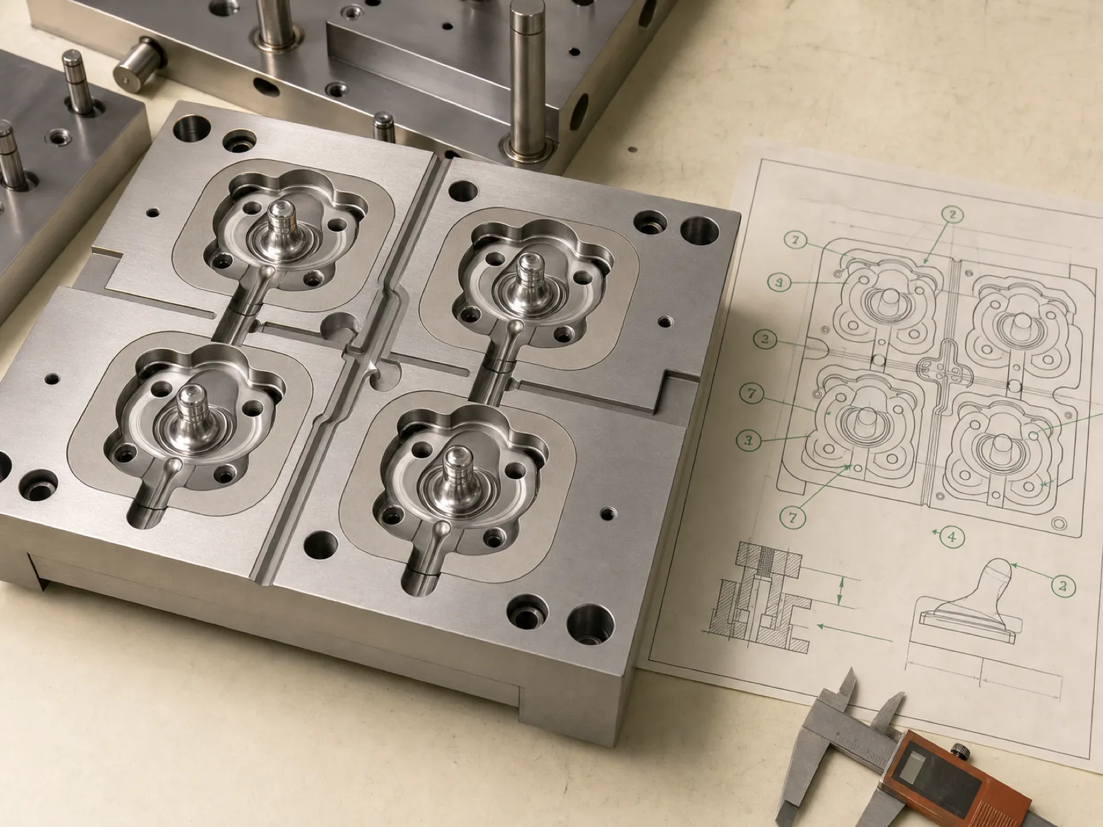 Silicone pacifier manufacturer S136 stainless steel 4-cavity nipple mold — cold-runner block, air-vent detail on shield undercut, laser-etched lot code position, engineering blueprint overlay in sage and cream palette on Wetop tooling bench