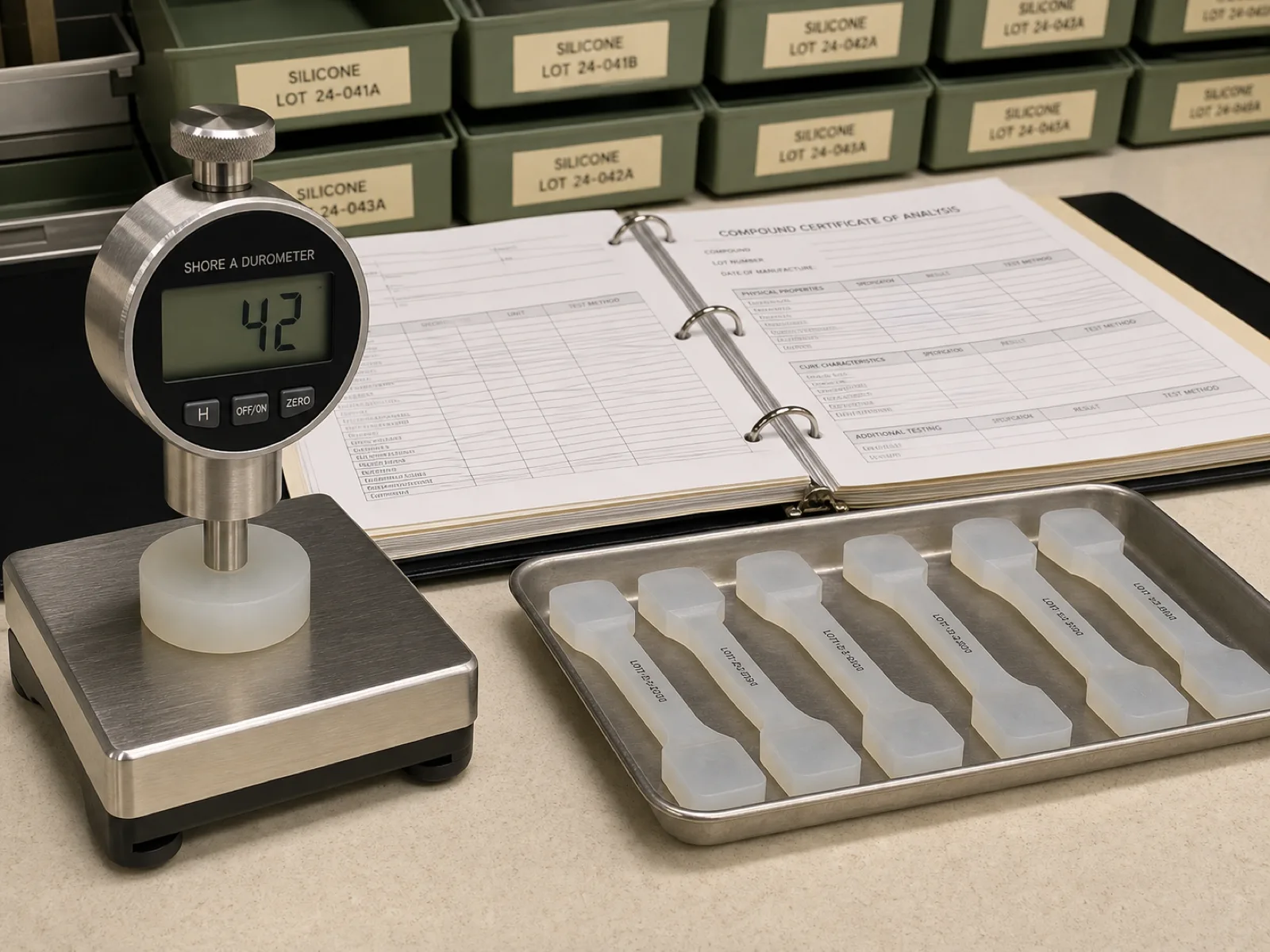 Silicone pacifier manufacturer QC station with Shore A durometer, tensile test dog-bone samples, and per-lot compound CoA binder — cream backdrop and sage-labeled sample trays in Wetop engineering lab
