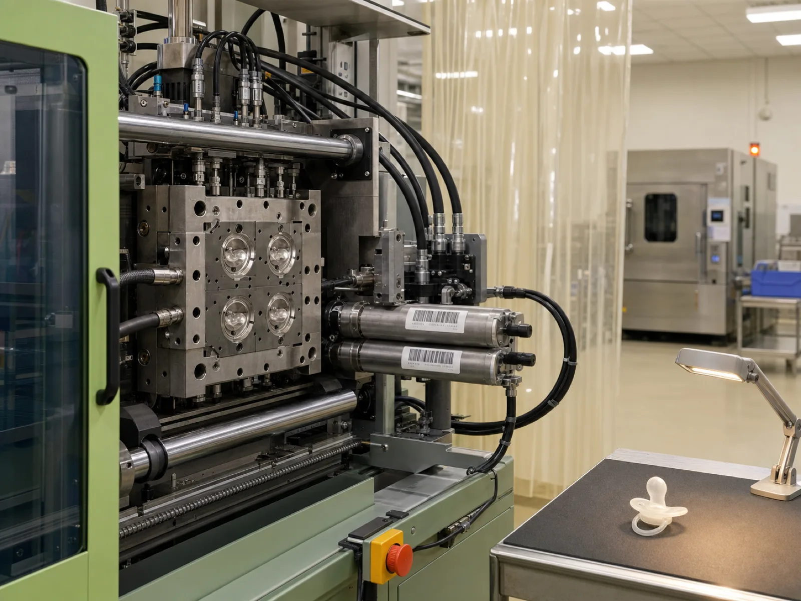 Silicone pacifier manufacturer LSR injection cell — cold-runner nipple mold, S136 tool steel cavity, Class 100k cleanroom curtain, sage-and-cream engineering workshop palette in Dongguan factory floor