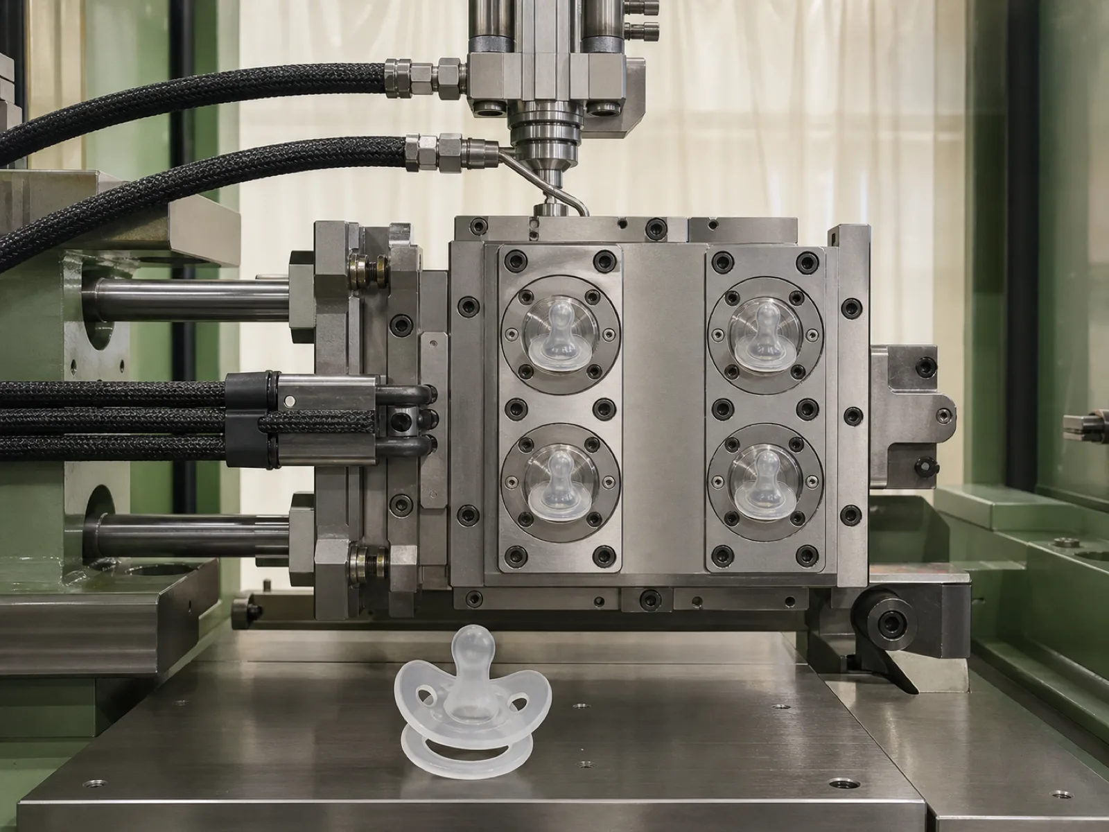Silicone pacifier manufacturer LSR injection cell — cold-runner cavity block with 4 nipple positions, S136 mold steel, static mixer feed line, Class 100k cleanroom curtain visible in background of Dongguan factory floor