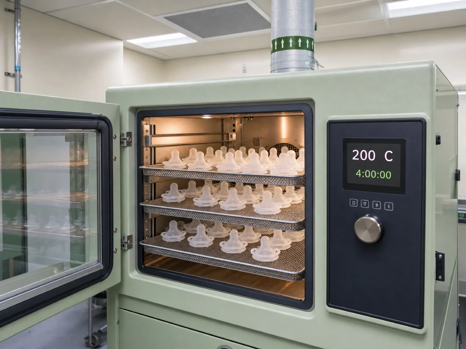 Silicone pacifier manufacturer post-cure oven — rack of one-piece LSR pacifiers on stainless mesh trays, digital 200 degree Celsius readout, 4-hour timer, HEPA-filtered air handler inlet in Wetop infant-contact cleanroom