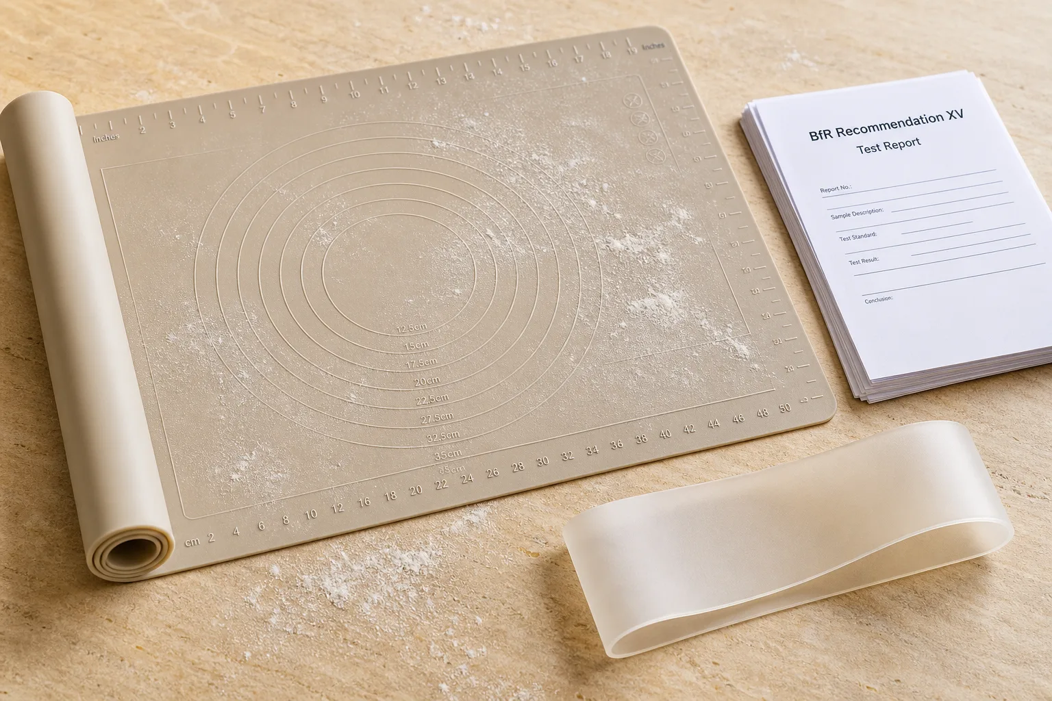 Custom silicone pastry mats with debossed measurement grid and OEM logo staged on a Wetop QC bench under inspection lighting for a housewares brand program