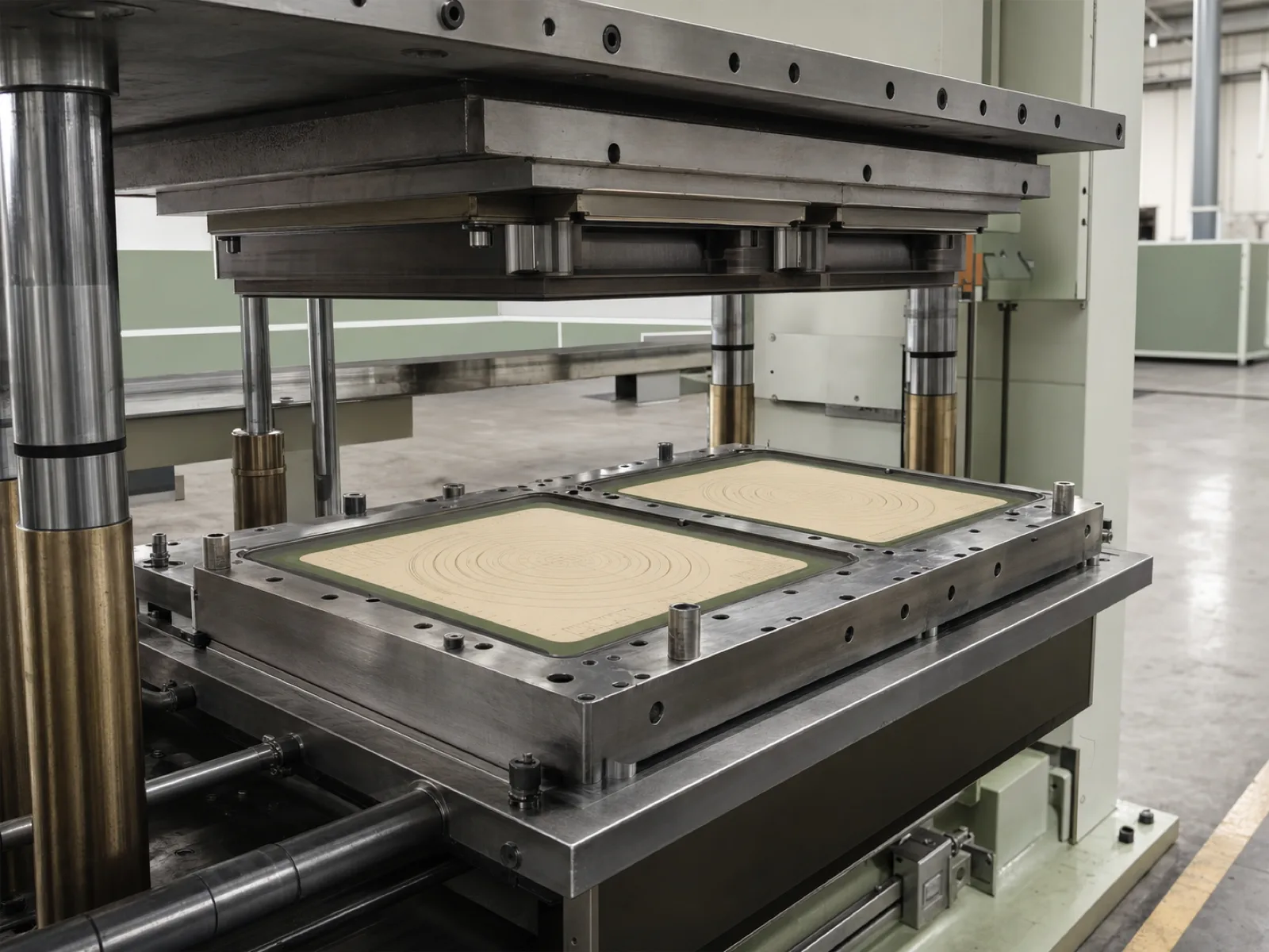 Wetop Silicone compression molding press mid-cycle with a hardened steel two-cavity tool loaded for a private-label silicone pastry mat production run