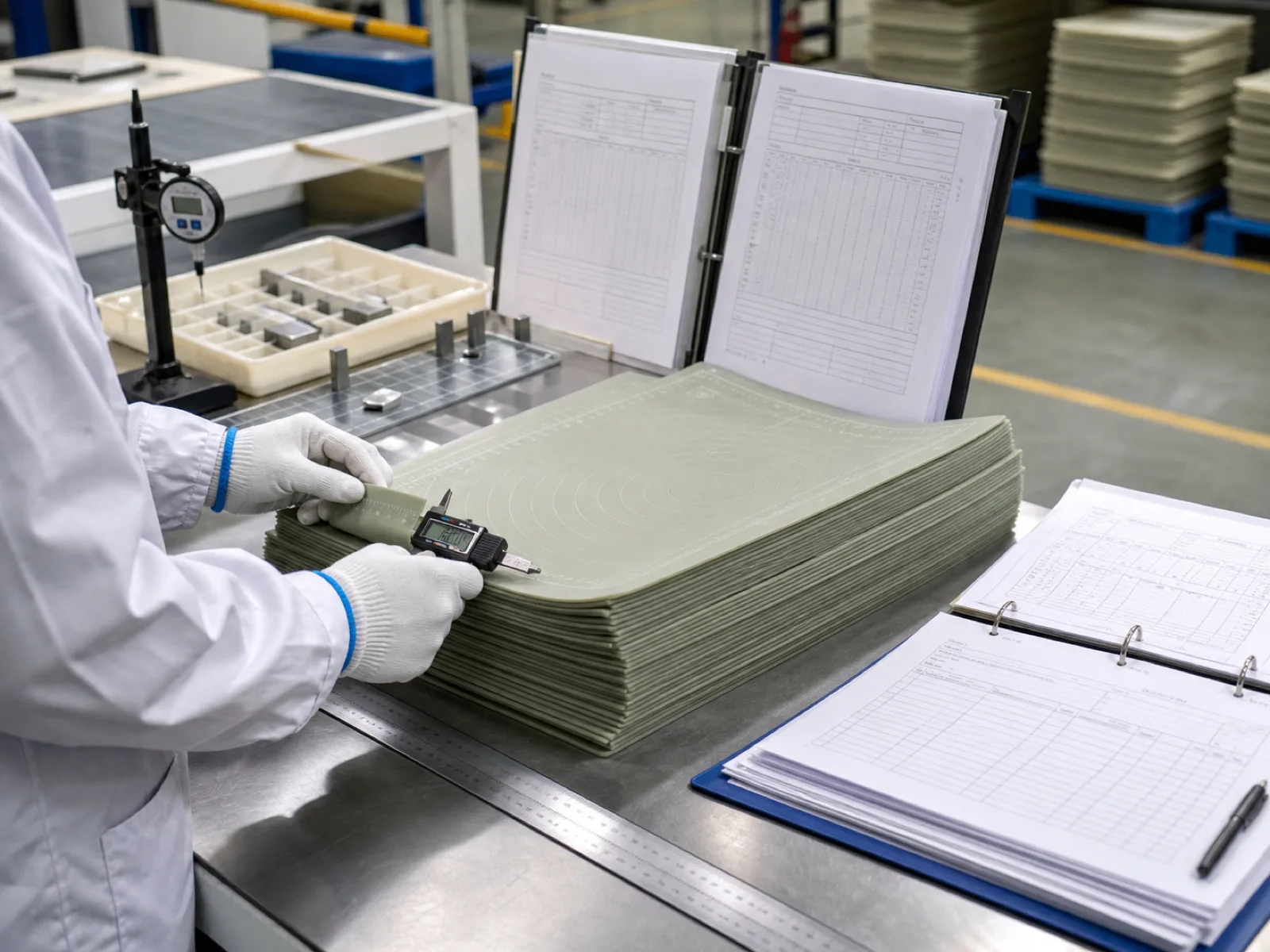 Wetop Silicone QC workshop with per-batch inspection documentation binders and dimensional inspection tools staged for a compression-molded silicone pastry mat production lot