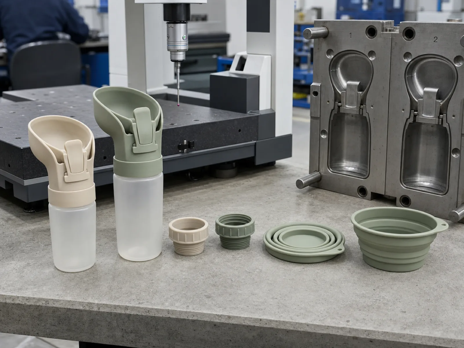A lineup of platinum-cured silicone pet water dispensers on a neutral concrete QC bench — a 350 ml and a 500 ml bottle-adapter flip-leaf model in cream and sage with visible 28mm and 38mm bottle-neck adapter rings, a foldable travel bowl collapsed flat beside its sprung-open form, staged next to a CMM probe and a cavity-numbered compression mold.