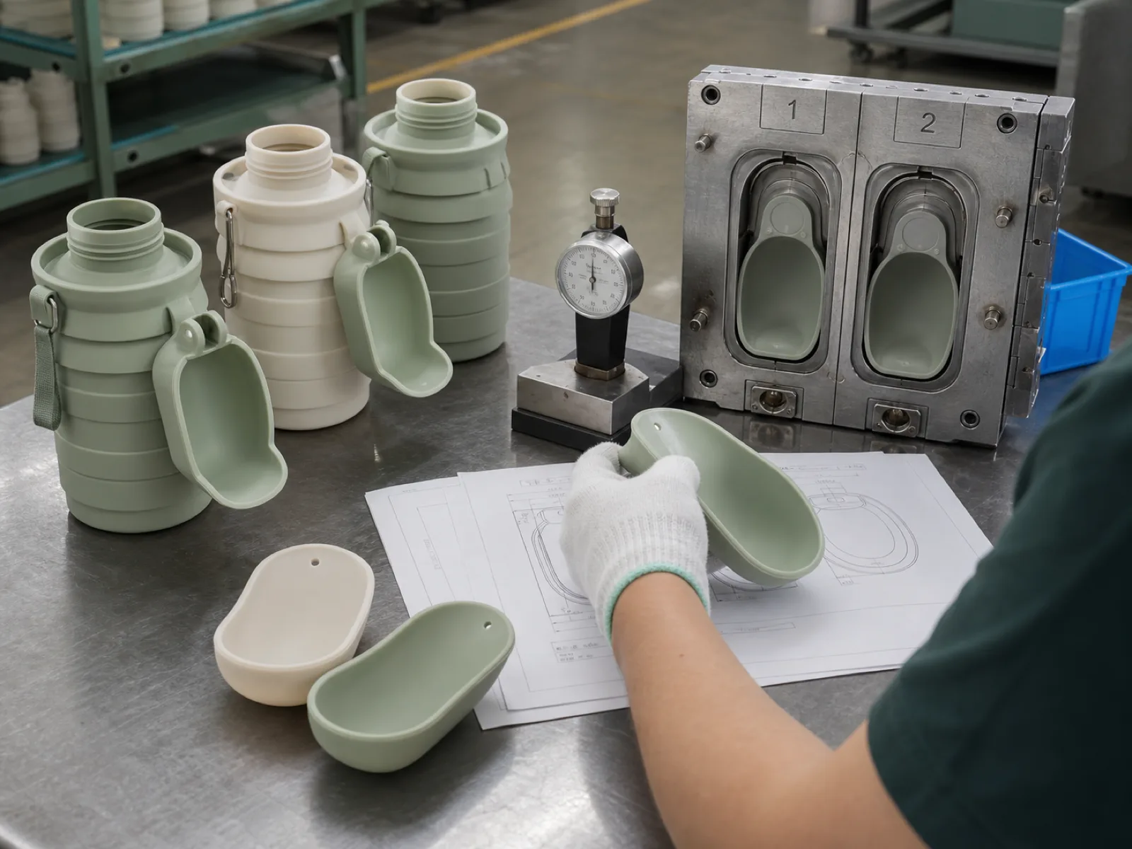 Silicone pet water dispenser OEM samples on a QC bench at a Dongguan silicone factory — sage and cream foldable travel dispensers with a flip-leaf trough and a 38mm bottle-neck adapter, staged beside a durometer and a cavity-numbered compression mold, a technician's gloved hand steadying a freshly demolded flip leaf against a spec drawing.