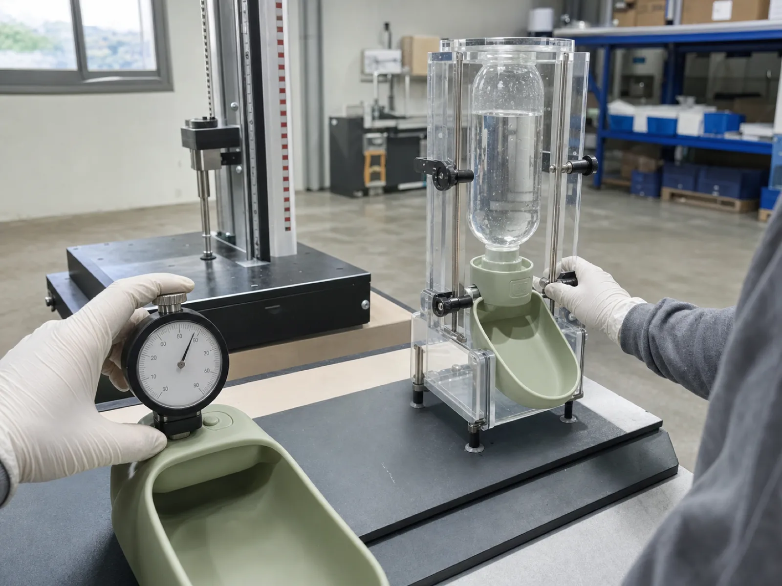 Leak-proof validation of a silicone pet water dispenser flip leaf and neck gasket on a QC bench — a durometer pressed into a sage silicone flip-leaf trough reading in the mid-fifties, a filled bottle-adapter dispenser inverted in a clear squeeze-and-hold fixture beside a drop-test drop line marked on a stand, a technician's gloved hand steadying the unit against a concrete workshop floor.