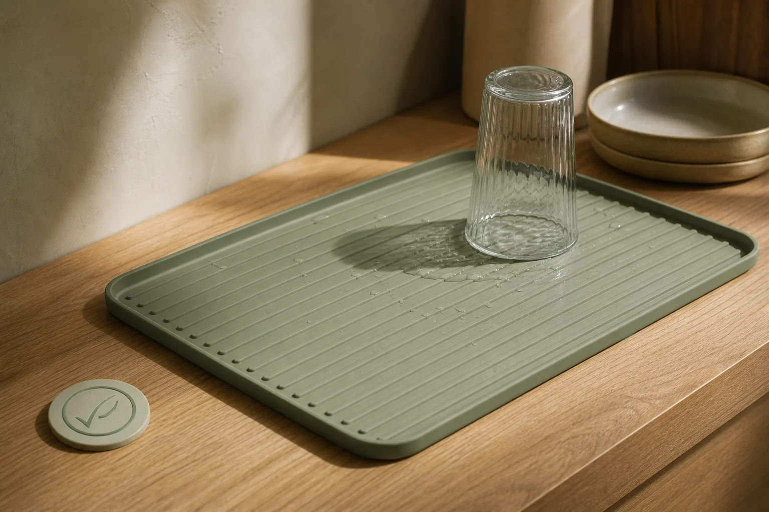 Sage-green silicone drying mat on a wooden counter with natural sunlight, premium sustainable retail aesthetic