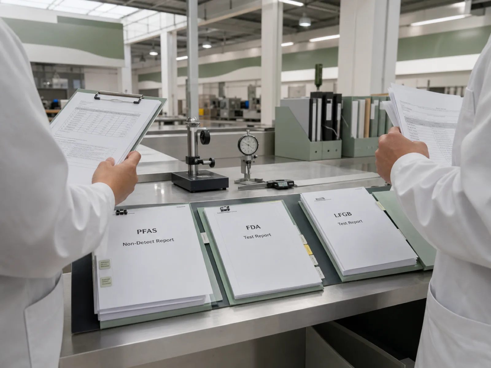 Wetop Silicone QC workshop with per-batch third-party test reports on the inspection bench — including the PFAS non-detect report bundled alongside the FDA and LFGB documentation on premium retail programs