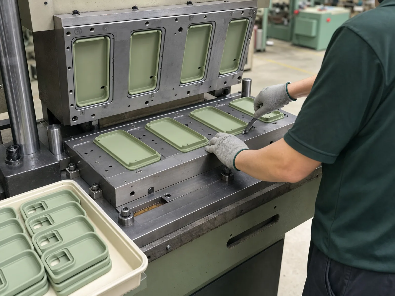 Silicone phone case manufacturer compression press cell in Dongguan — technician's back visible as he clears flash from an open 8-cavity phone case mold, sage-toned floor, D65 workshop lighting, freshly demolded matte silicone shells on the loading tray.