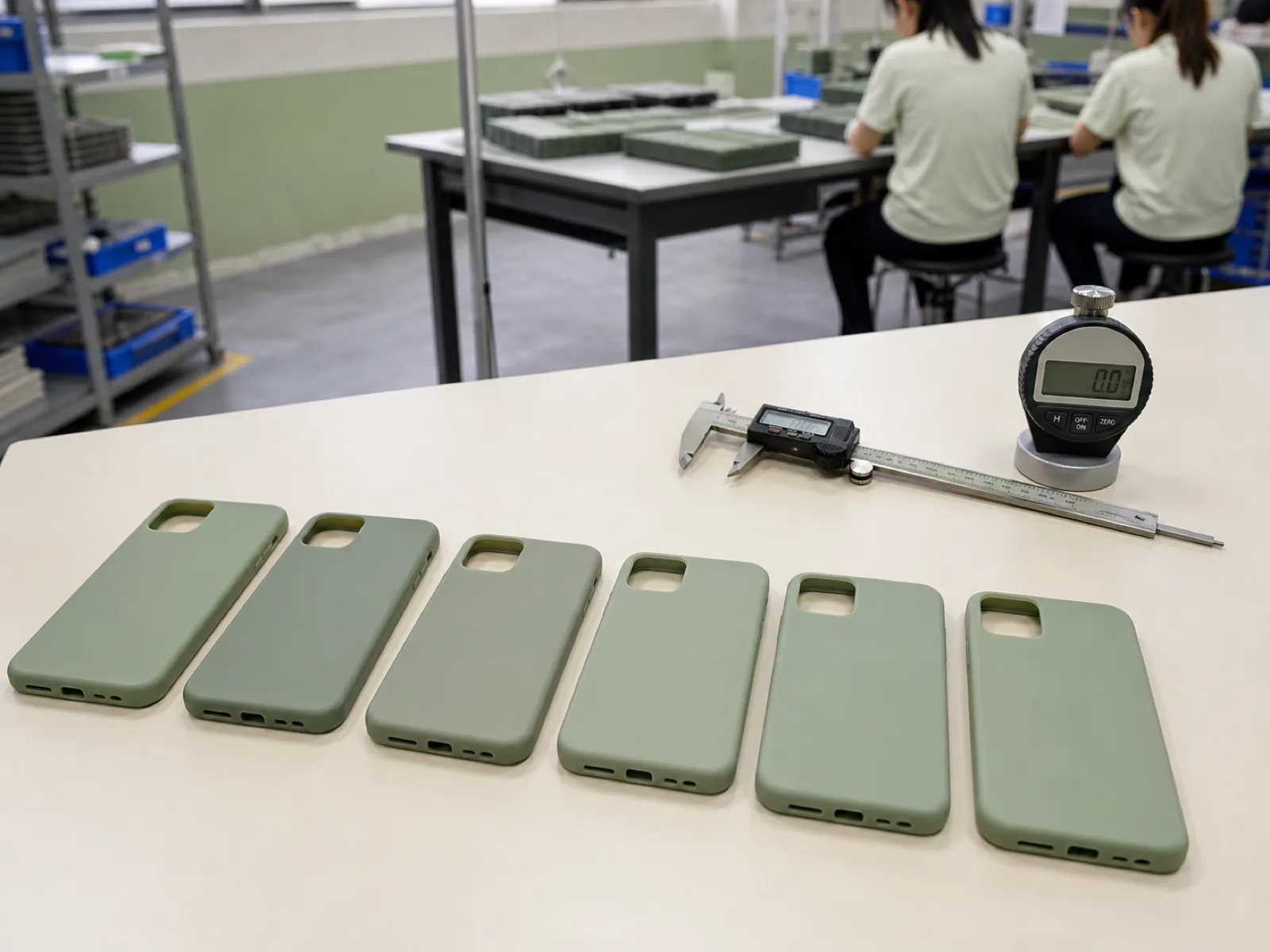 Silicone phone case manufacturer QC bench in Dongguan factory — matte-satin sage silicone phone case shells laid out for dimensional inspection with digital calipers, D65 lighting, muted cream backdrop.