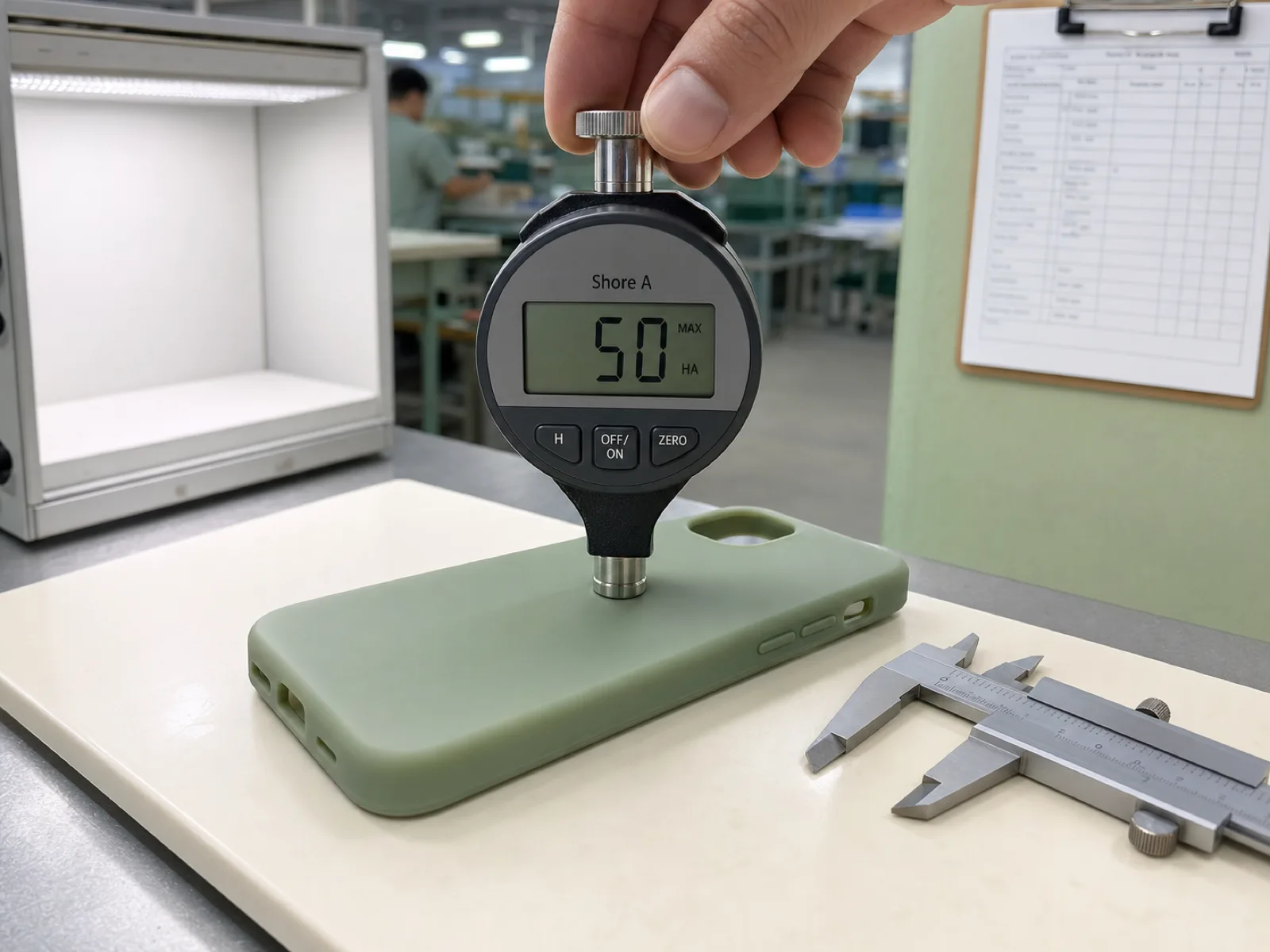 Silicone phone case manufacturer QC bench — sage-and-cream silicone phone case shell resting on a lab plate under a digital durometer gauge showing Shore A 50 reading, calipers and D65 lightbox in background, muted concrete workshop floor.