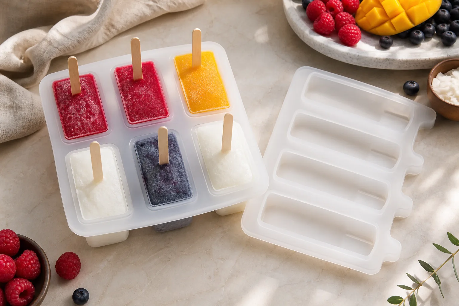 Multi-cavity platinum-cured silicone popsicle mold on a Wetop QC bench with digital calipers, Shore A durometer, and cavity-fill inspection lamp in Dongguan