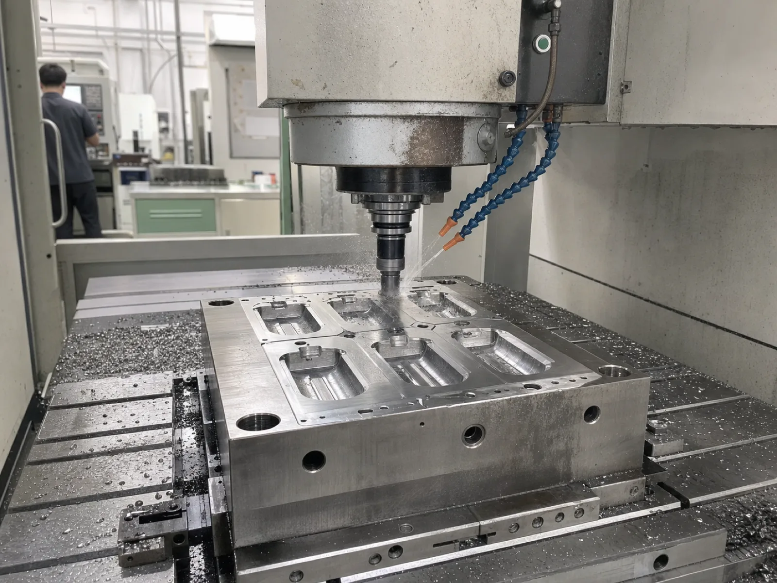 Wetop Silicone in-house CNC mold-making cell cutting a 6-cavity P20 hardened steel tool for a custom silicone popsicle mold program in Dongguan