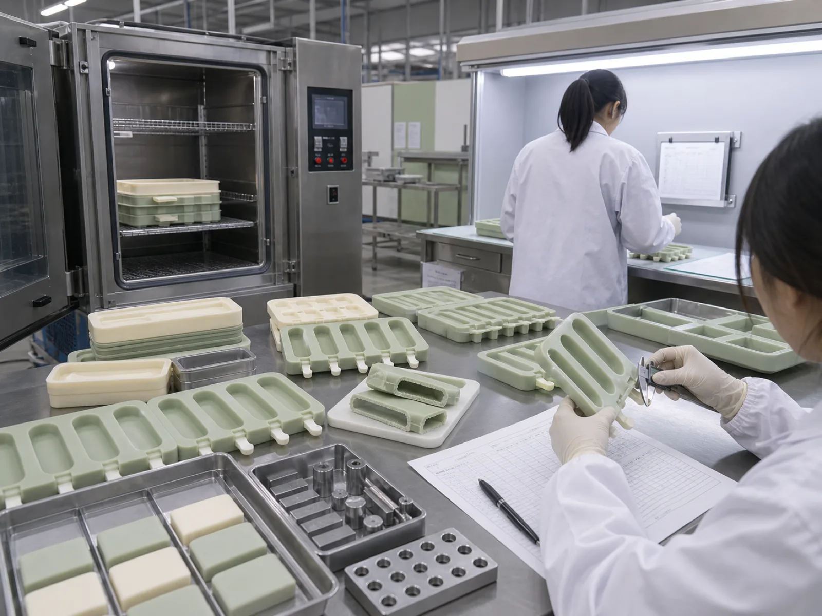 Wetop Silicone QC workshop with technicians running thermal-shock destructive testing and AQL 1.5 inspection on a batch of platinum-cure silicone popsicle molds under D65 lighting in Dongguan