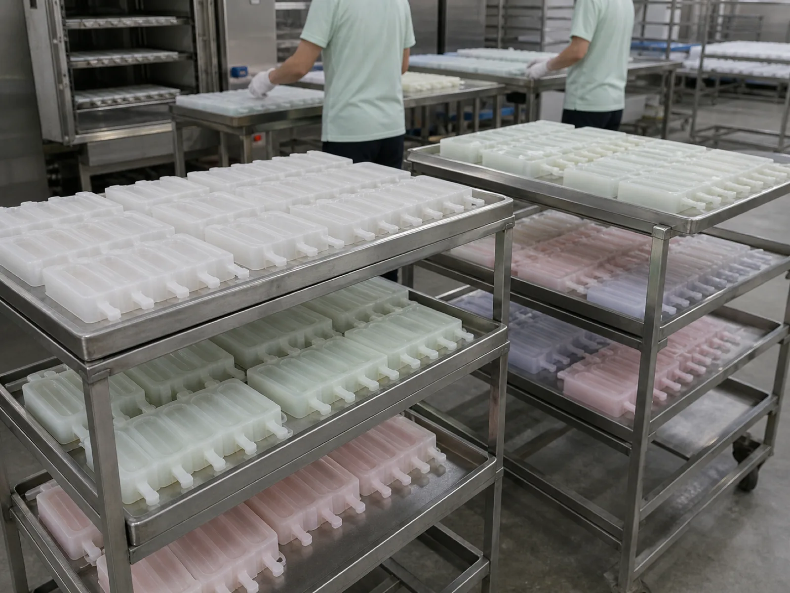 Wetop Silicone post-cure and secondary-process workshop with batches of platinum-cure silicone popsicle molds on inspection racks after the mandatory 4-6 hour cycle at 200°C in Dongguan