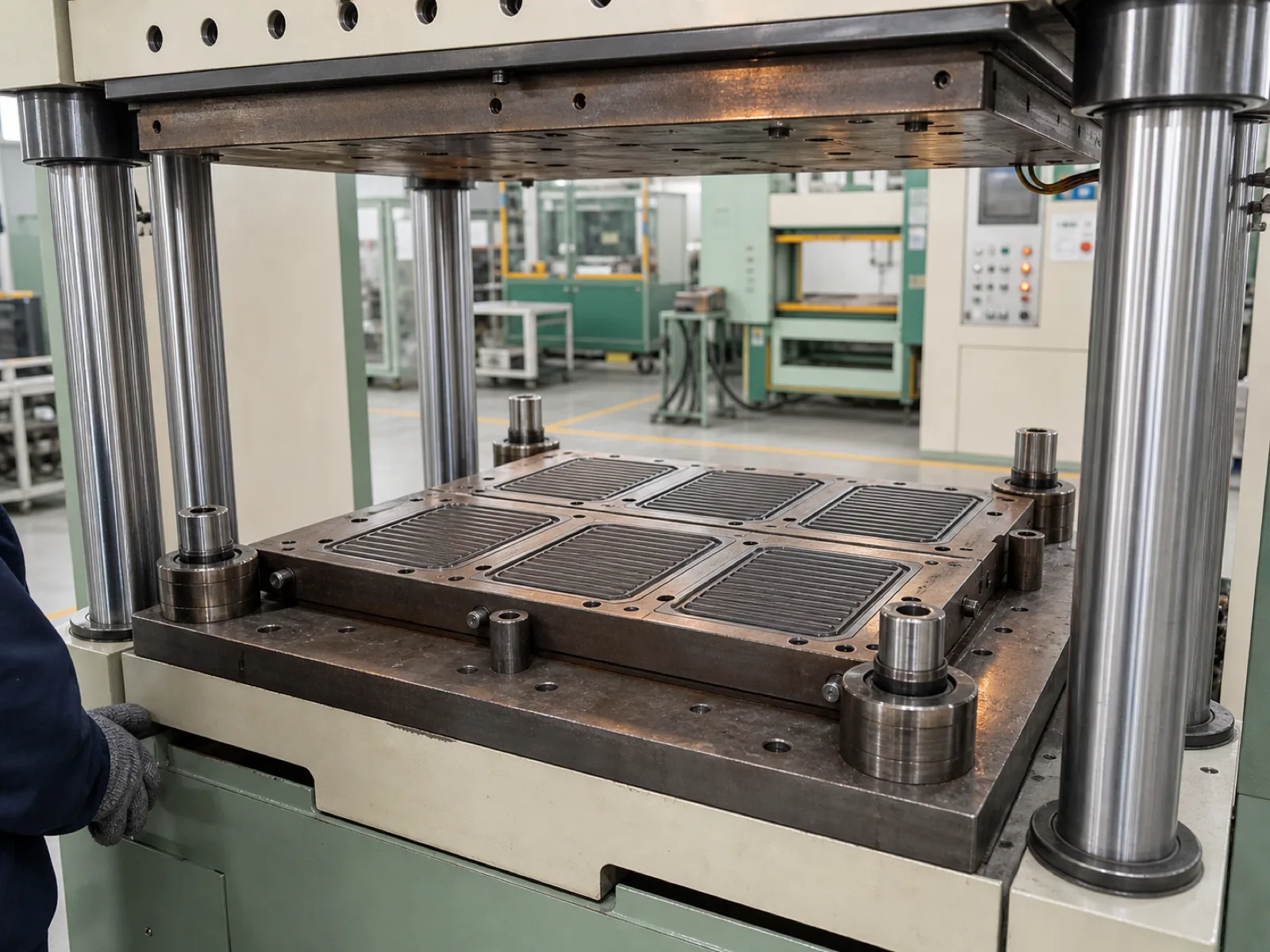 Compression-molding press deck at Wetop with a multi-cavity pot holder tool loaded and preheated