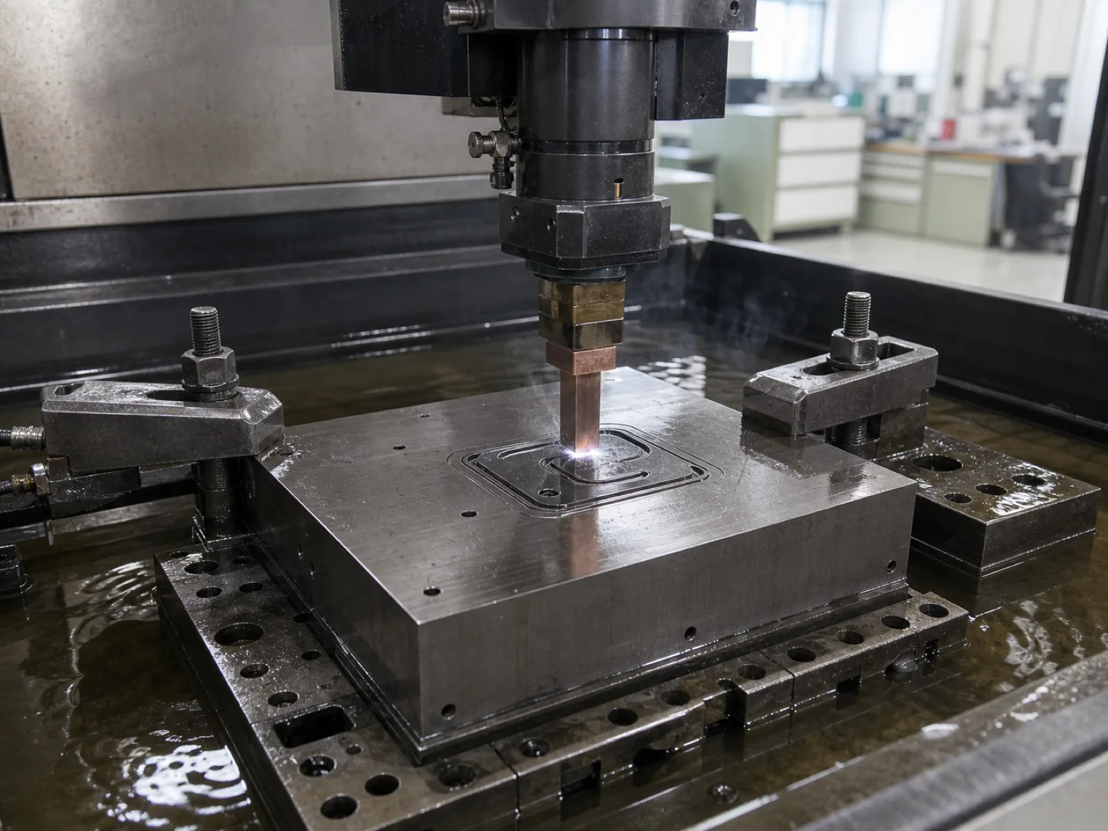 In-house EDM mold-making bench cutting a logo deboss cavity into P20 tool steel for a Wetop pot holder program