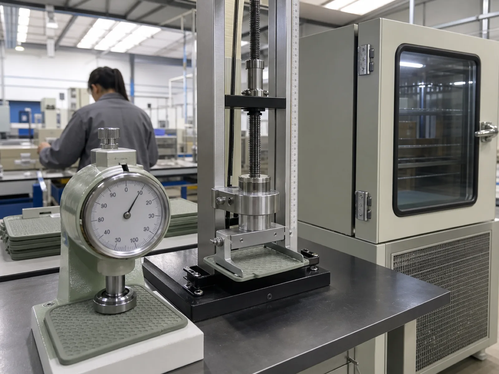 Wetop QC bench with durometer gauge, calibrated pinch-load jig, and thermal cycling chamber for pot holder validation