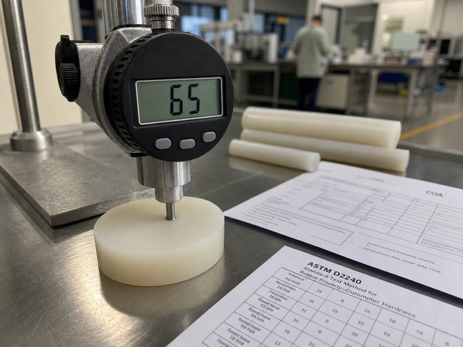 Digital Shore A durometer reading 65 pressed onto a matte-satin platinum-cured silicone puck on a QC bench at a silicone product OEM factory, ASTM D2240 test paperwork and per-lot COA staged next to the sample for buyer QA audit
