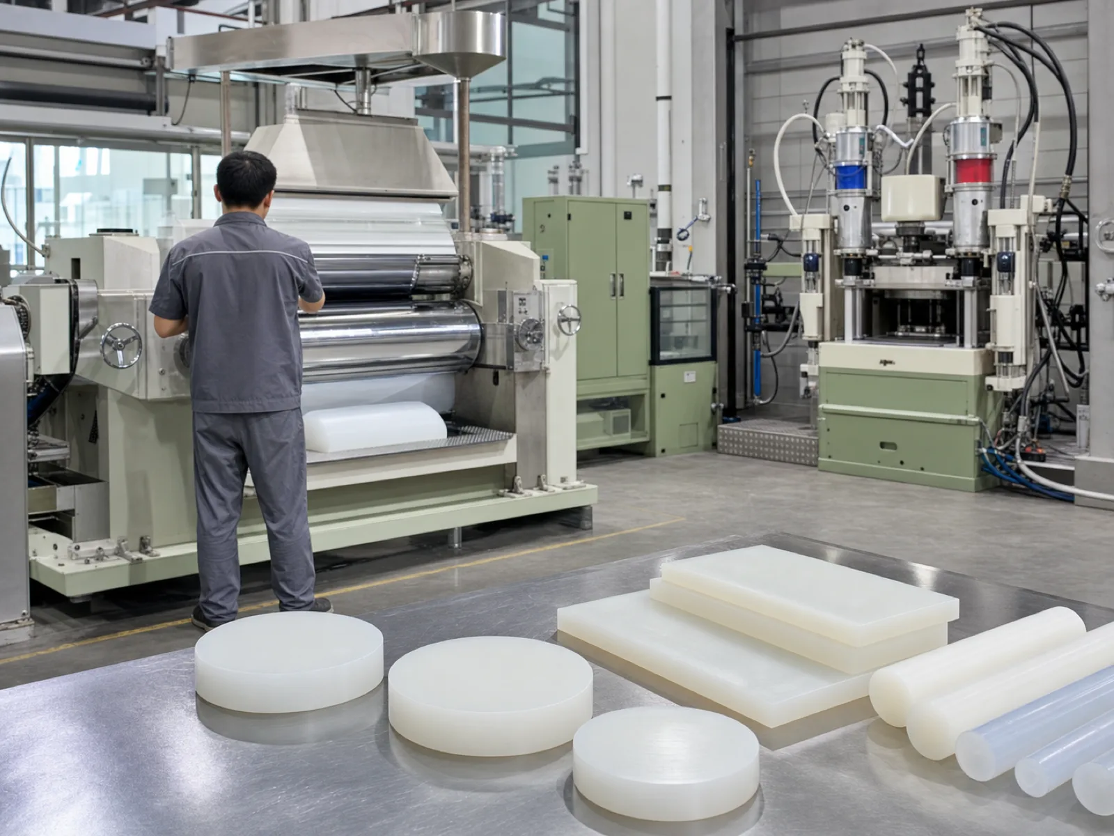 Two-roll silicone compound mixing mill and adjacent LSR injection cell inside a qualified silicone product OEM factory in Dongguan, matte-satin platinum-cured silicone samples staged on the concrete floor for buyer QA audit