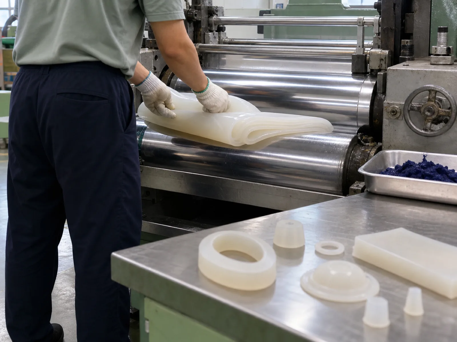 Two-roll compound mixing mill at a silicone product OEM factory in Dongguan, a technician back-lit at the roll gap folding a silicone gum sheet with pigment master-batch, matte-satin platinum-cured silicone samples staged on the concrete floor for buyer QA audit reference