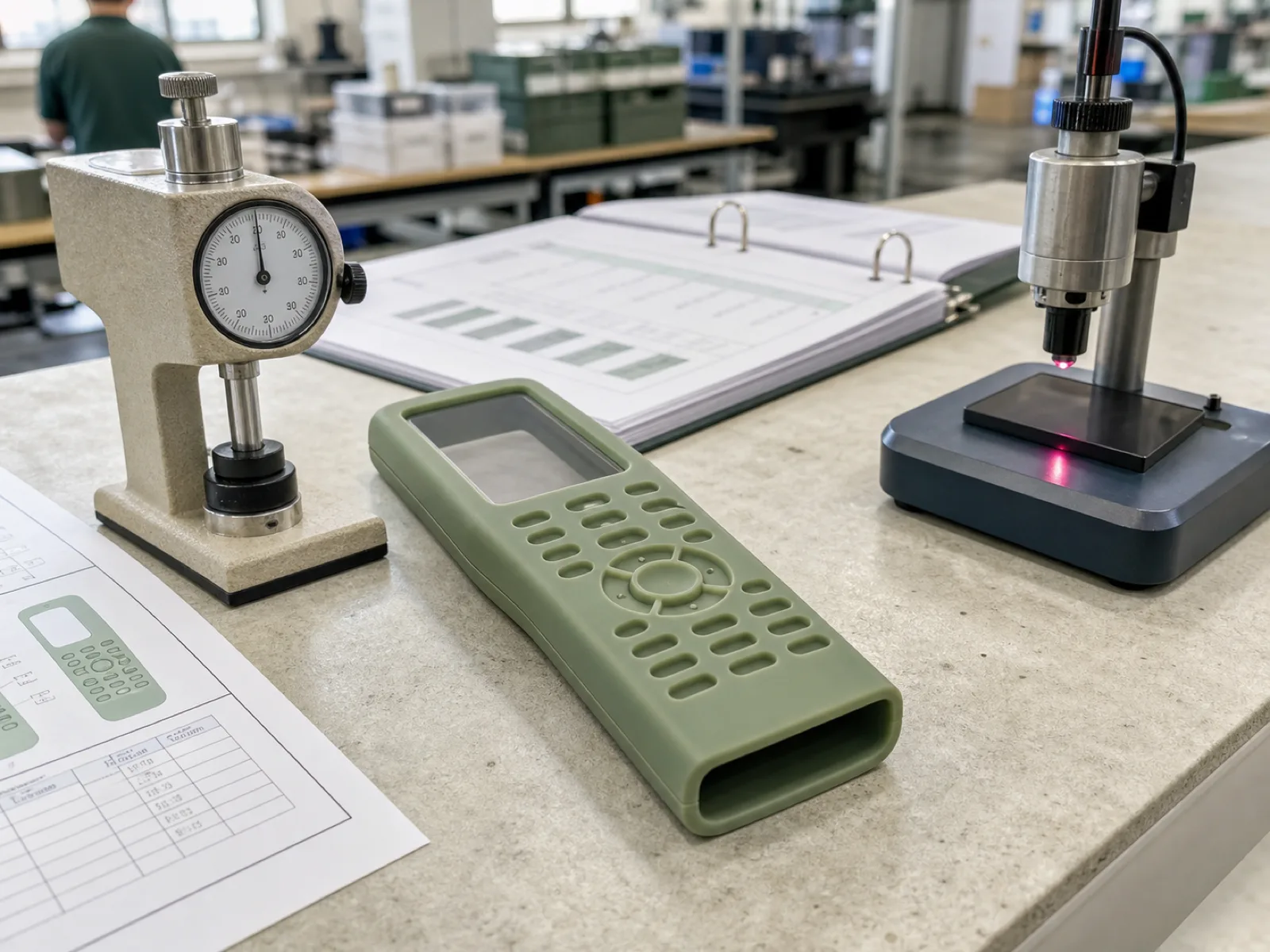 Custom silicone remote control cover with molded button wells, IR-transparent front window, and matte platinum-cured finish resting on a Wetop QC bench under D65 inspection light in Dongguan