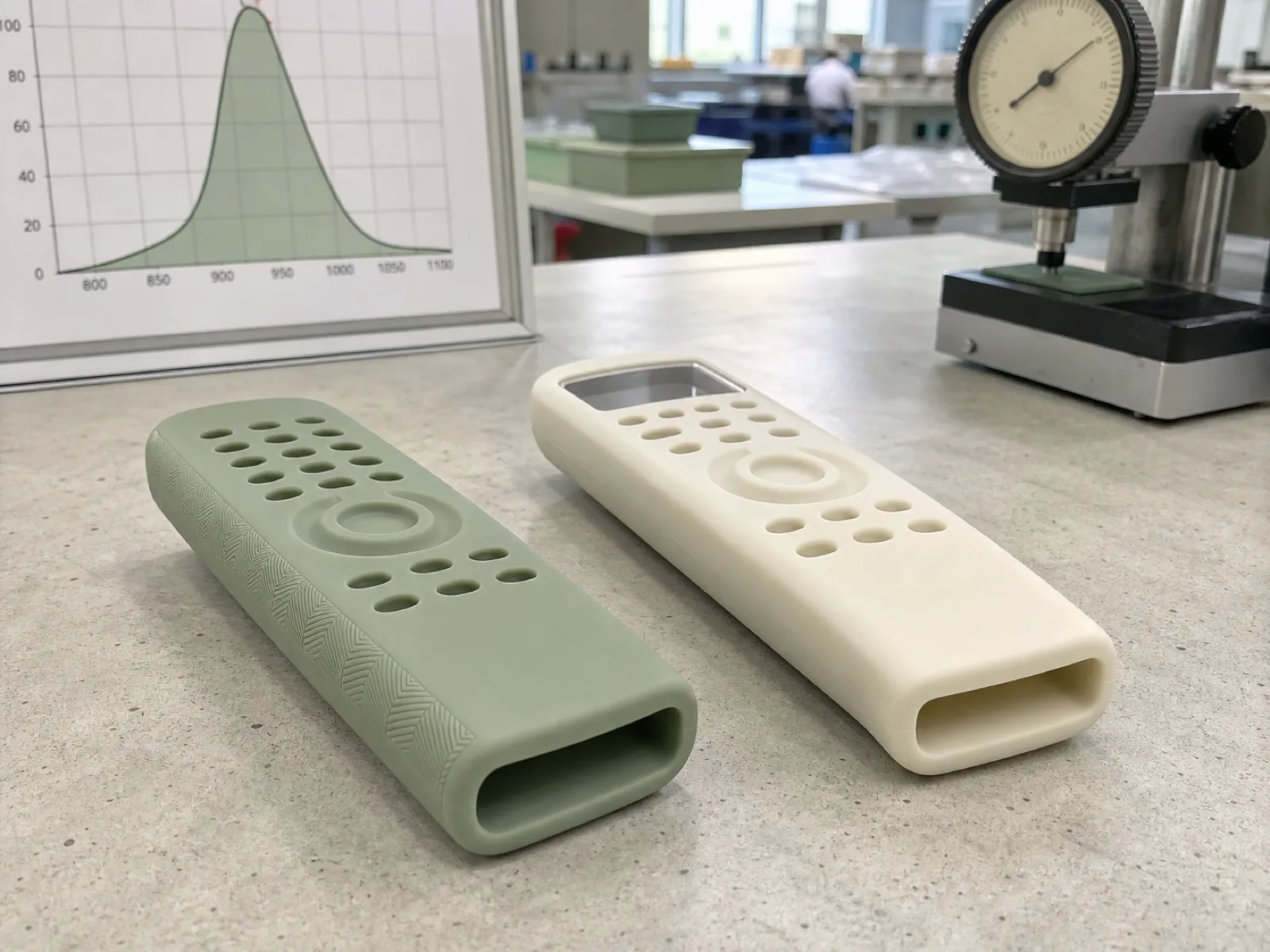 Two anonymized silicone remote control sleeves in matte sage-green and cream color on a Wetop QC bench, showing molded button wells and clear IR-transparent front window under D65 inspection lighting