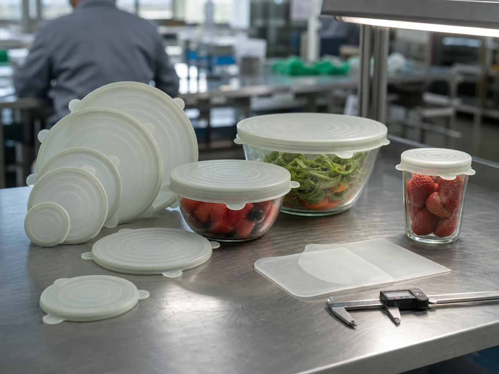 Assortment of platinum-cured silicone stretch lids and cling-film sheets sealing generic glass jars and bowls on a Wetop QC bench under D65 inspection light in Dongguan