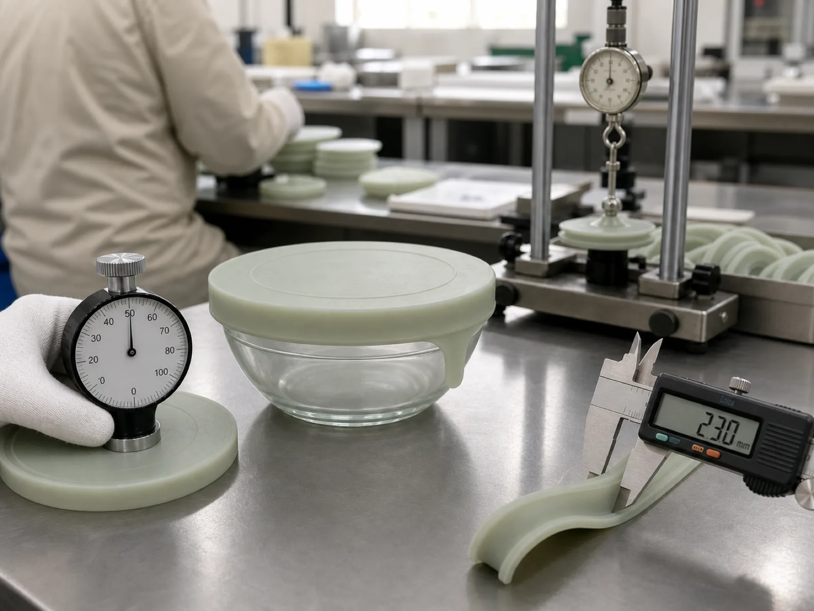 Wetop QC bench with a platinum-cured silicone stretch lid sealed onto a generic glass bowl beside a durometer, digital caliper, and pull-force test rig measuring the suction seal in Dongguan under D65 inspection light