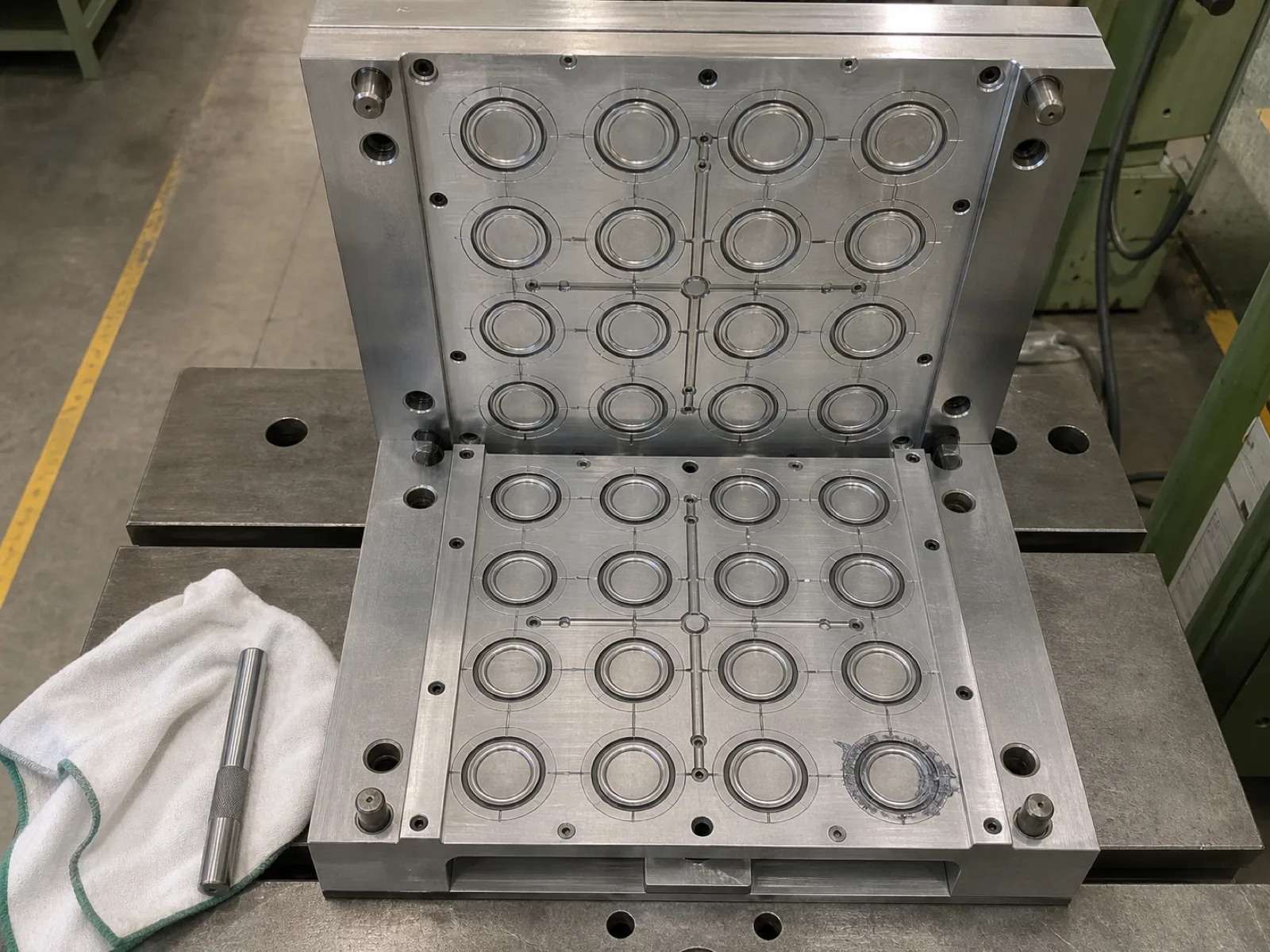 Multi-cavity compression mold for silicone rubber gasket O-rings — 16-cavity aluminum tool with cold-runner sprue and vent slots visible, staged on a press bed under overhead workshop lighting.