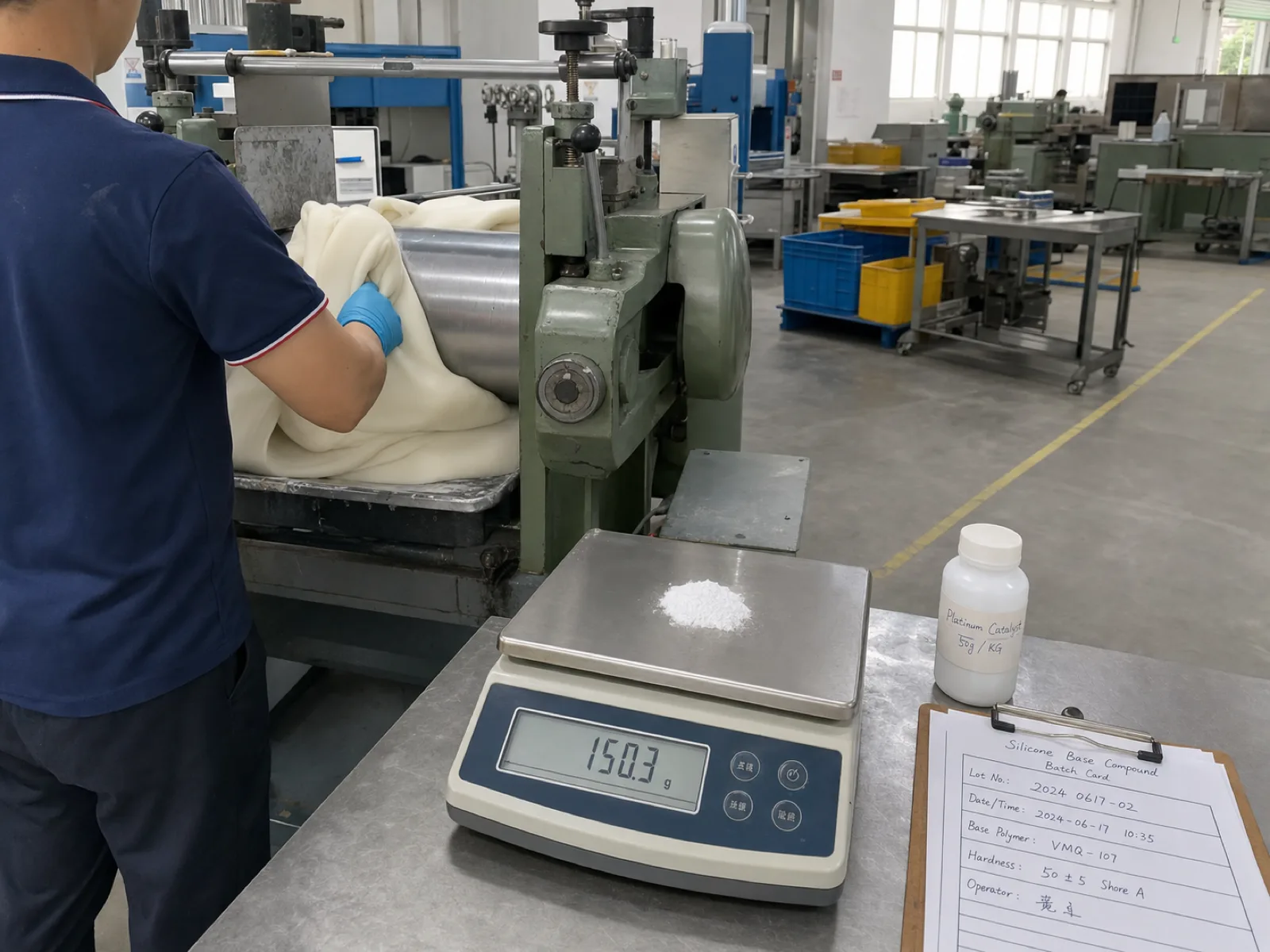 Wetop Dongguan compound-mixing station — platinum-cured VMQ base and vulcanizing agent metered by mass into a two-roll mill, with lot number handwritten on the batch card visible on the operator's clipboard.