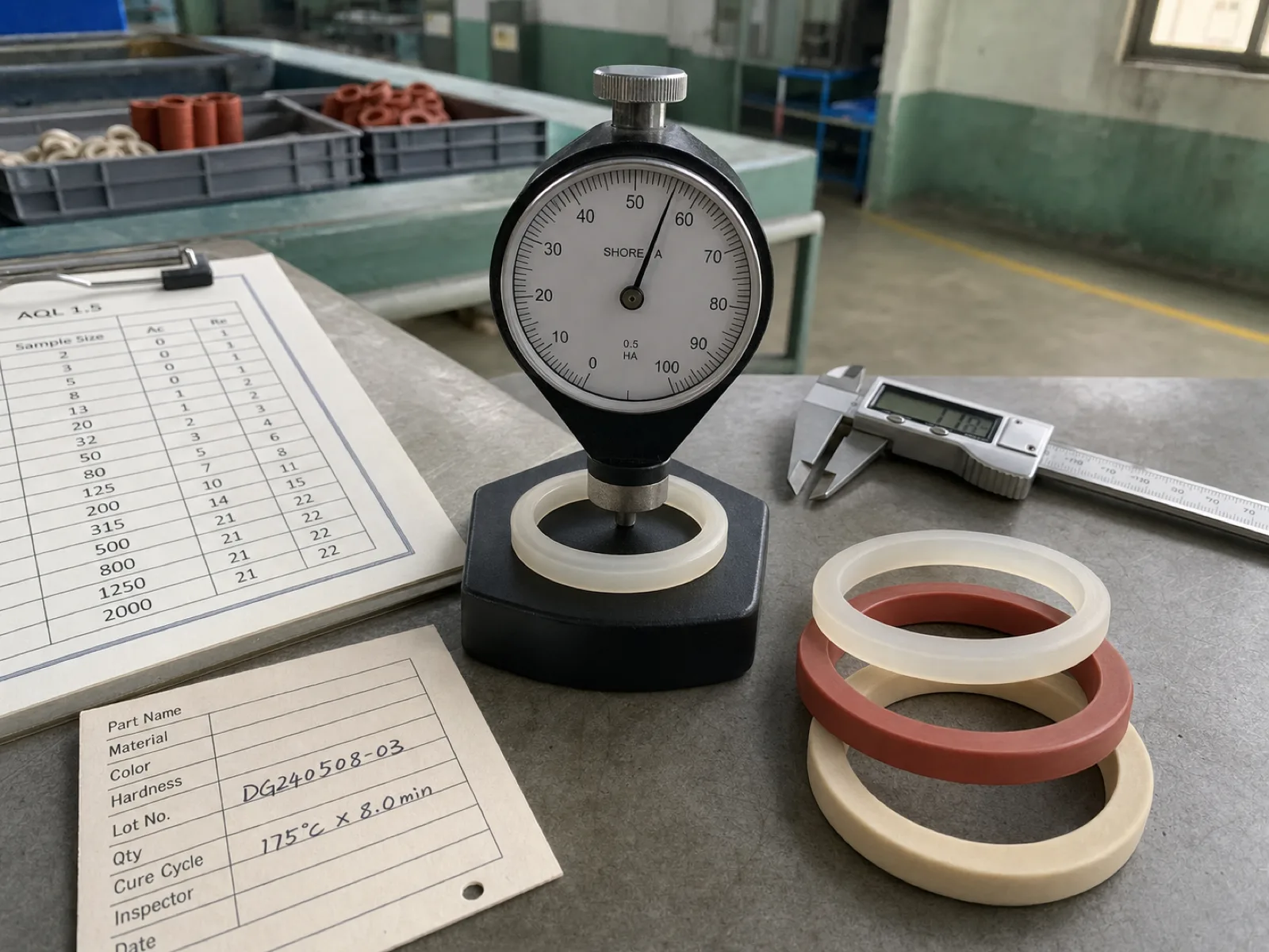 Wetop QC bench with a Shore A durometer, digital vernier caliper, and sample silicone rubber gasket rings staged for outgoing inspection — batch traveler card and AQL sampling table visible in the frame.