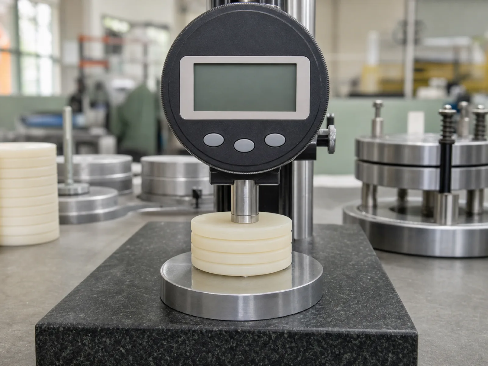 Digital Shore A durometer with a precision indenter foot pressing into a batch of custom silicone rubber gasket samples on a calibration jig, secondary bench holding ASTM D395 compression-set spacers and platens, natural D65 workshop lighting on sage-toned QC bench