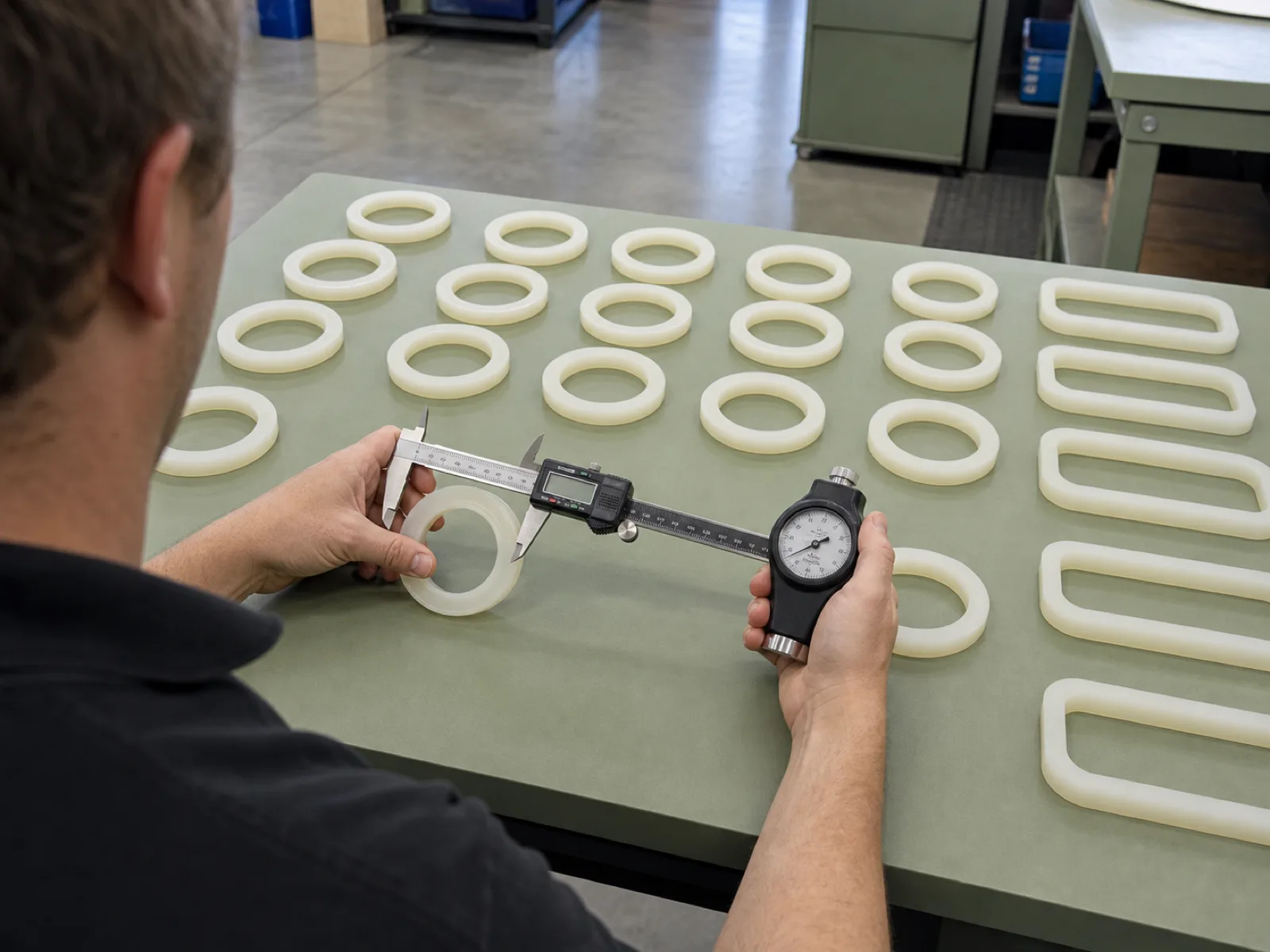 QC technician measuring a custom silicone rubber gasket on a sage QC bench with digital calipers and a Shore A durometer, batch of platinum-cured VMQ gaskets in matte-satin cream finish arrayed for first article inspection under D65 workshop lighting, Dongguan factory