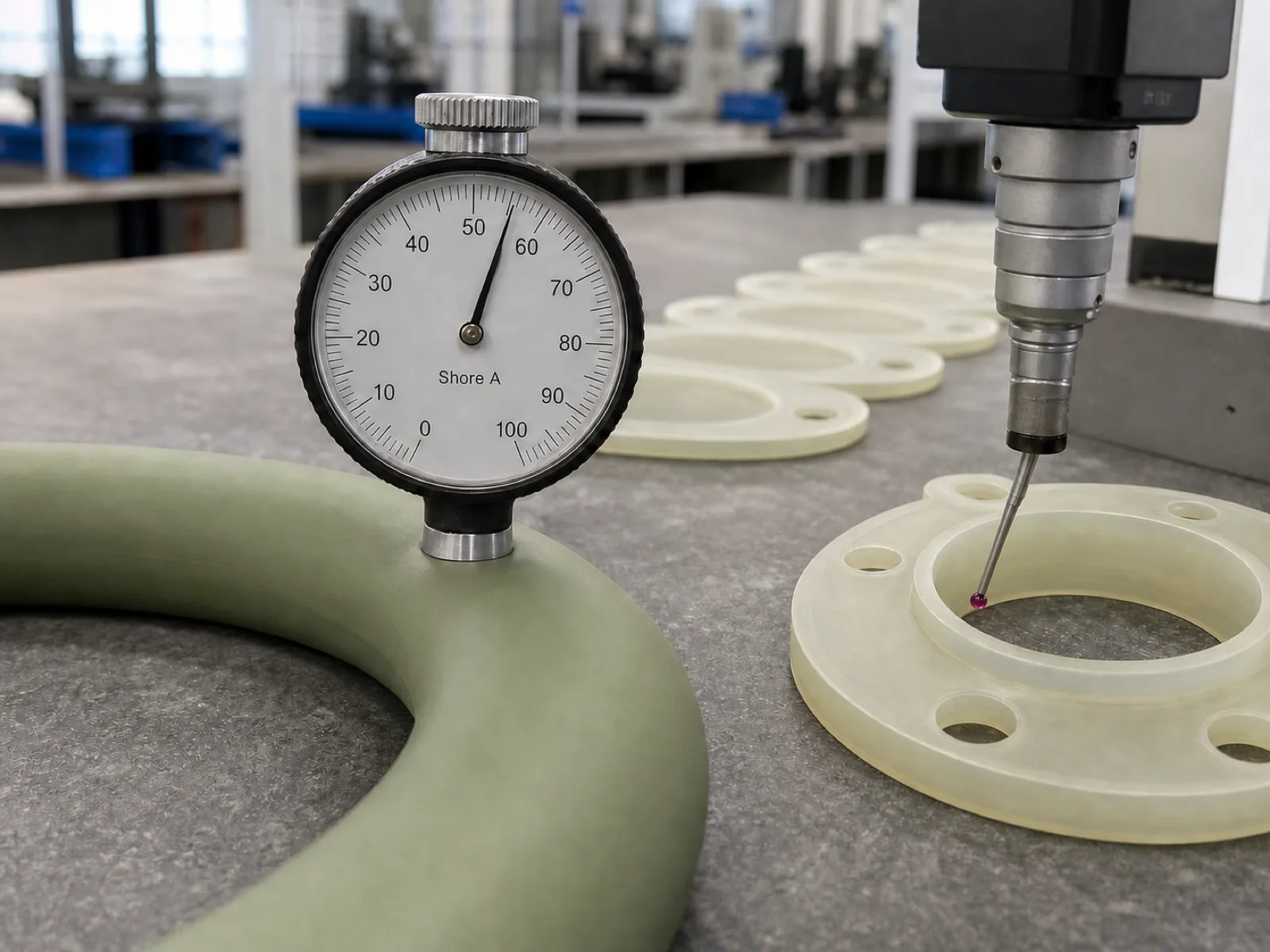 Quality control of custom silicone rubber seals at a Dongguan manufacturer — a durometer pressed into a sage silicone O-ring reading in the mid-fifties on the Shore A scale, a CMM touch probe measuring the inner diameter of a translucent-cream flange gasket, and a row of die-cut flat gaskets staged on a neutral concrete QC bench under D65 workshop lighting.