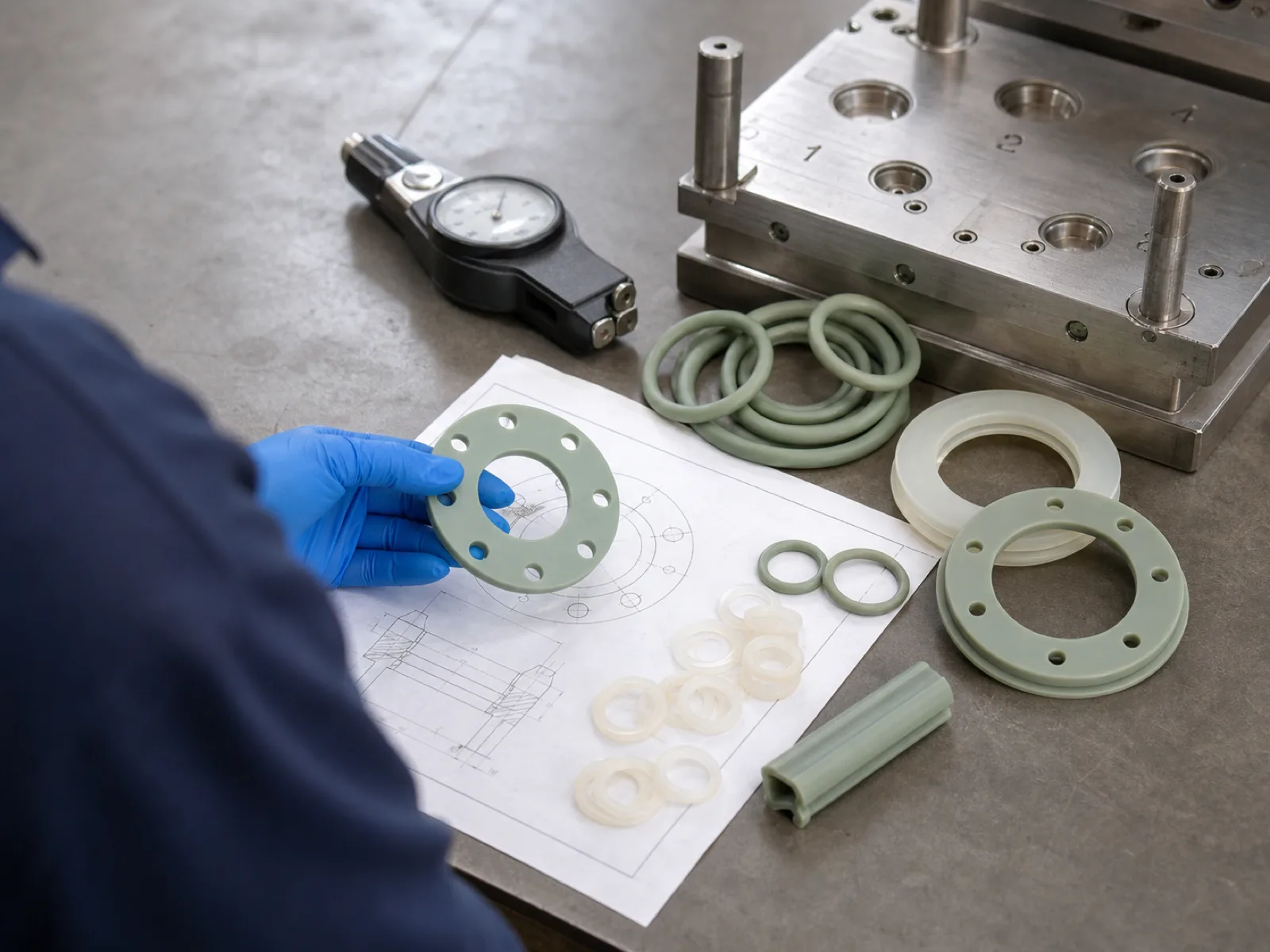 Custom silicone rubber seals from an OEM manufacturer staged on a QC bench at a Dongguan silicone factory — sage and translucent-cream O-rings, molded flange gaskets, and an extruded bulb-seal profile section arranged beside a durometer and a cavity-numbered compression mold, a technician's gloved hand steadying a freshly demolded gasket against a spec drawing on a neutral concrete floor.