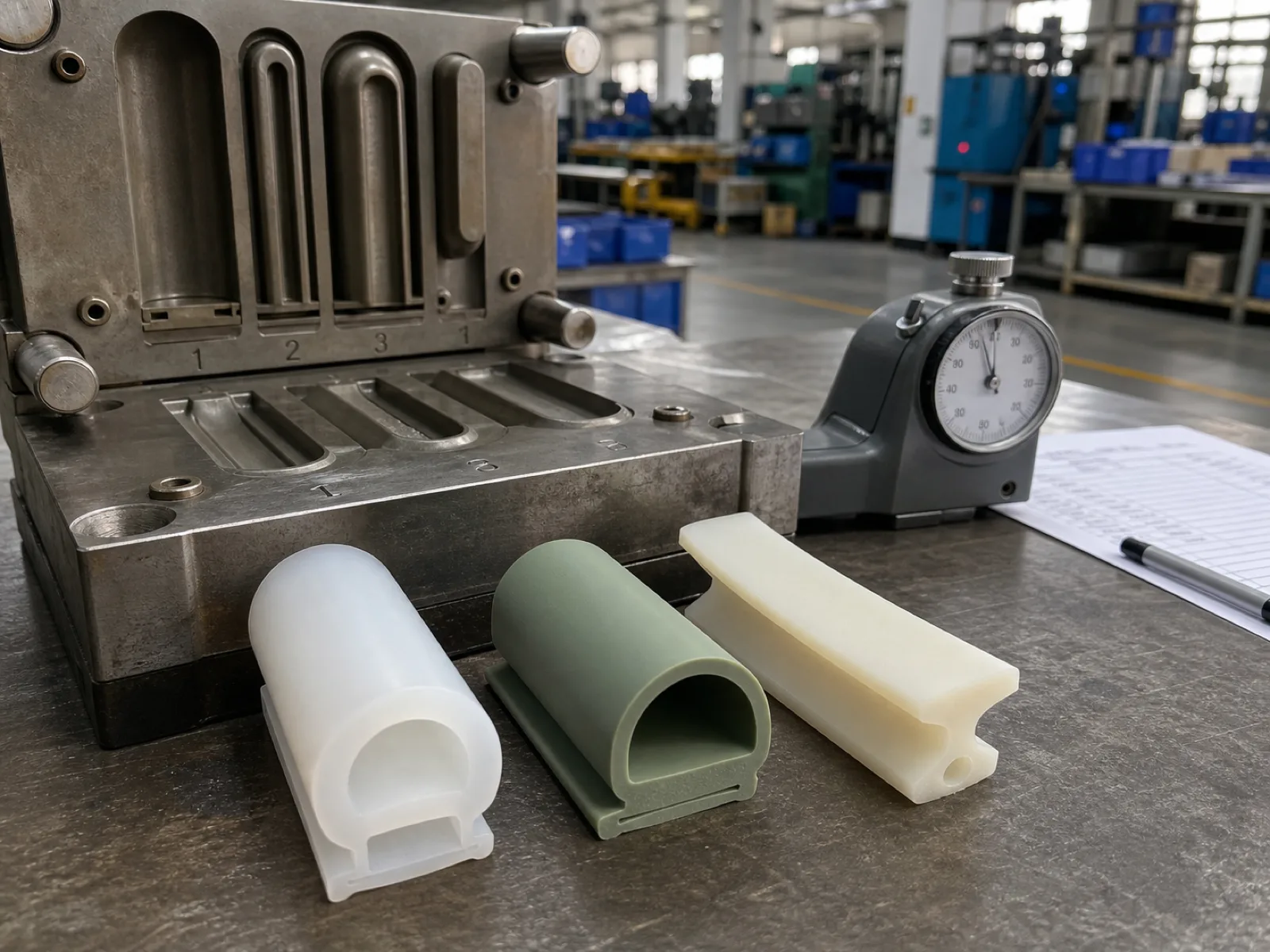 Compression-molded silicone seal cross-sections on a QC bench at a Dongguan factory — a sectioned bulb-seal profile, a D-section door seal, and a molded flange gasket cut to show the sealing bead, in sage and translucent-cream platinum-cured silicone, staged beside a cavity-numbered compression mold and a durometer on a neutral concrete floor.