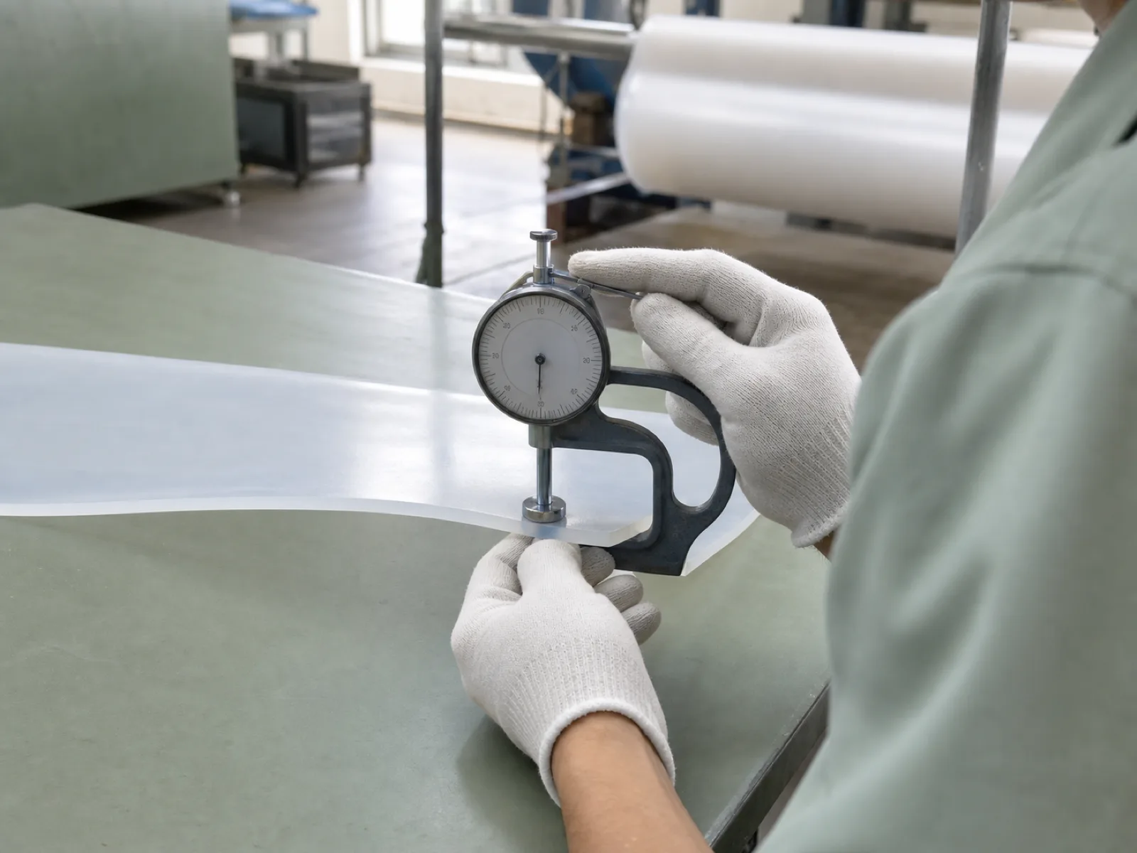 Technician measuring the thickness of a translucent platinum-cured calendered silicone rubber sheet with a dial thickness gauge on a sage-toned QC bench, roll of sheet stock in the background, Dongguan factory under D65 daylight