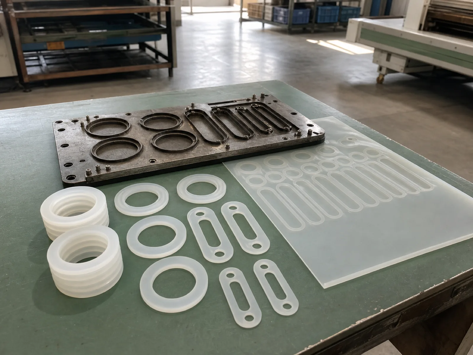 Die-cut ring and slot gaskets punched from a translucent platinum-cured silicone rubber sheet arranged beside a steel-rule cutting die on a sage-toned bench, matte satin surface, Dongguan factory workshop under D65 daylight