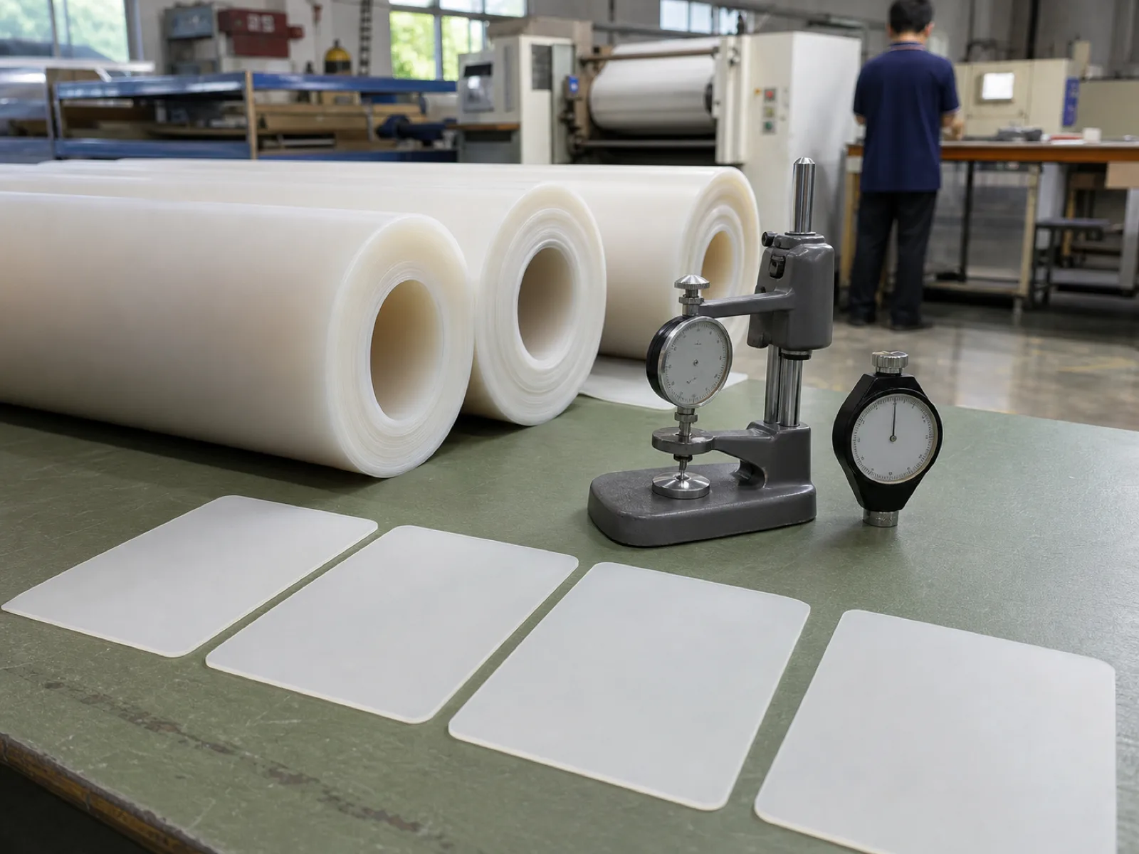 Rolls and die-cut panels of matte platinum-cured silicone rubber sheet staged on a sage-toned QC bench with thickness gauge and durometer, Dongguan factory workshop under D65 daylight over a neutral concrete floor