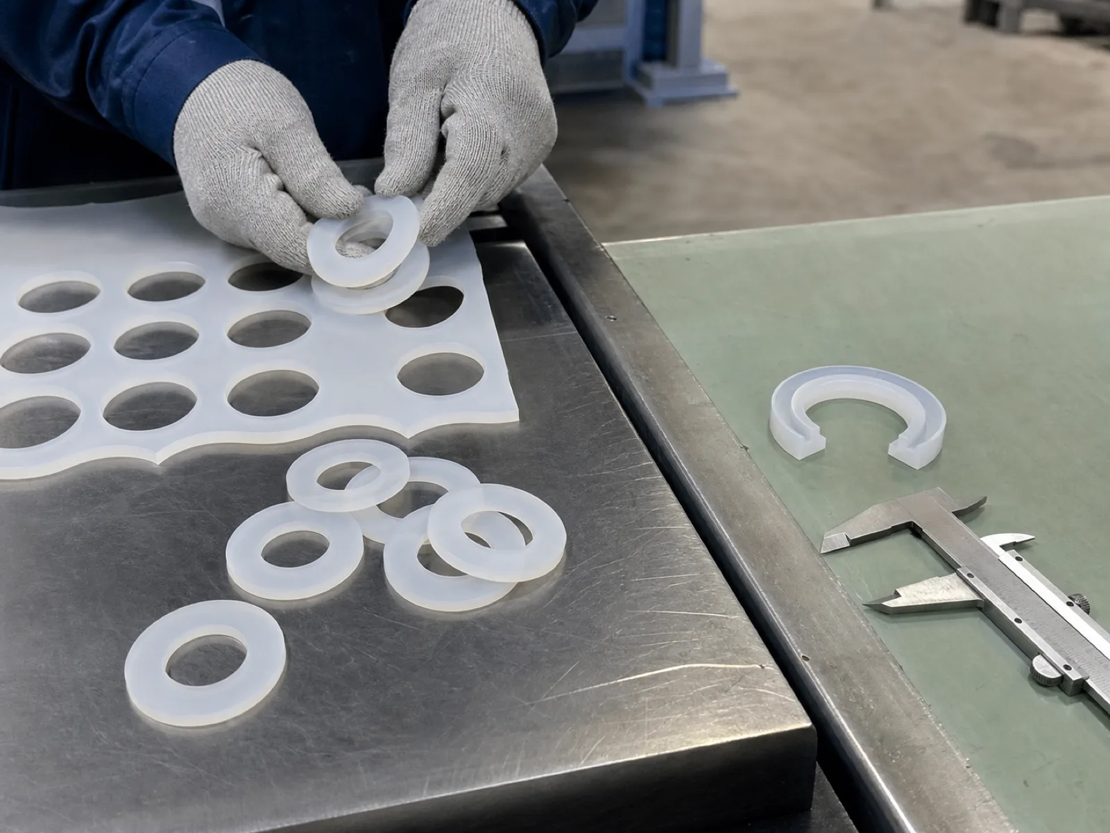 Freshly die-cut flat silicone rubber washers in matte-satin cream lifted from a calendered silicone sheet on a steel-rule die bench, sectioned compression-molded washer with a raised sealing bead placed beside a caliper on a sage QC bench under neutral workshop light in a Dongguan factory