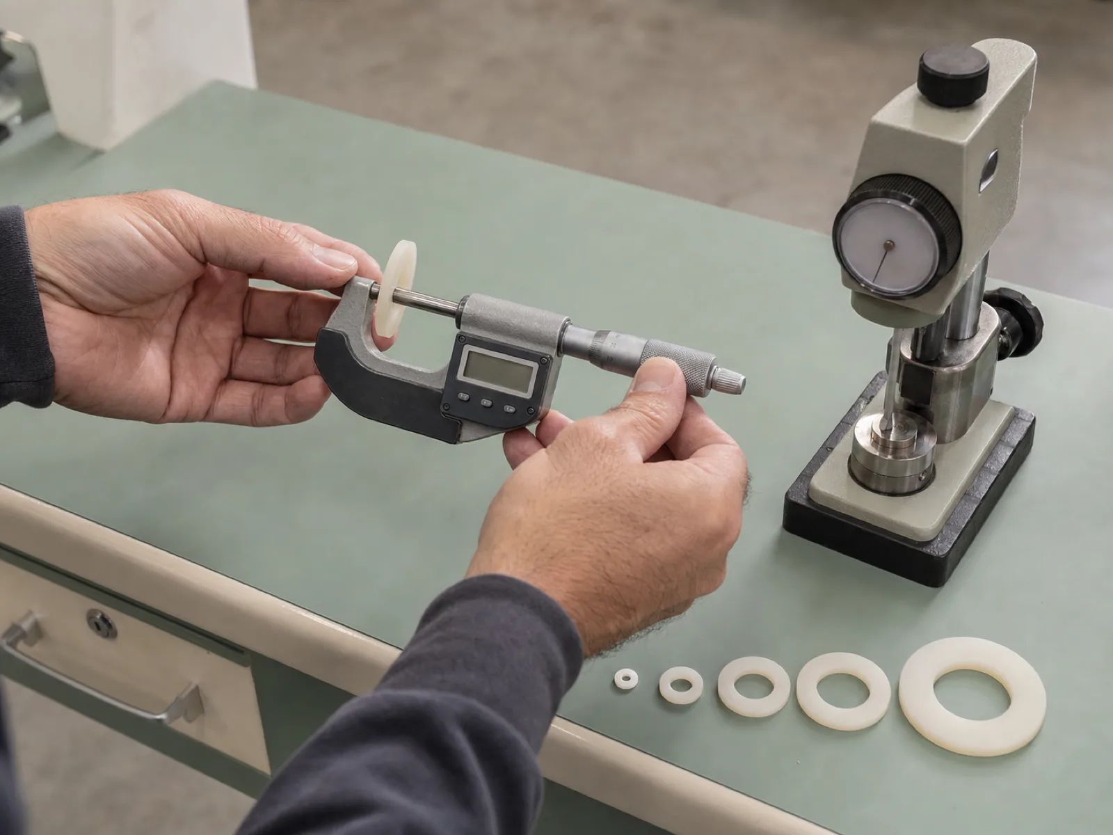 Technician measuring thickness of a custom silicone rubber washer with a digital micrometer beside a Shore A durometer on a calibration jig, batch of matte-satin cream platinum-cured washers arranged by size on a sage QC bench under D65 workshop lighting in a Dongguan factory