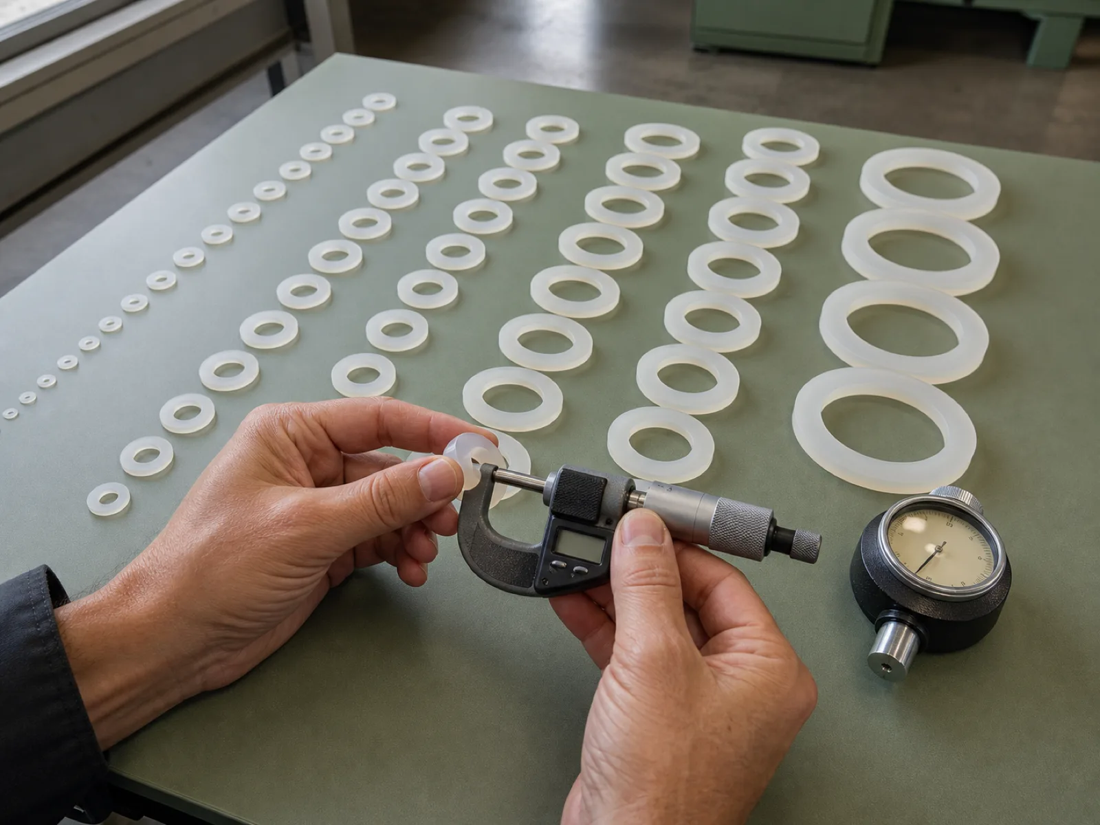 Batch of custom silicone rubber washers in matte-satin cream finish arrayed by inside diameter on a sage QC bench, technician's hands measuring one flat washer's thickness with a digital micrometer under D65 workshop lighting in a Dongguan factory